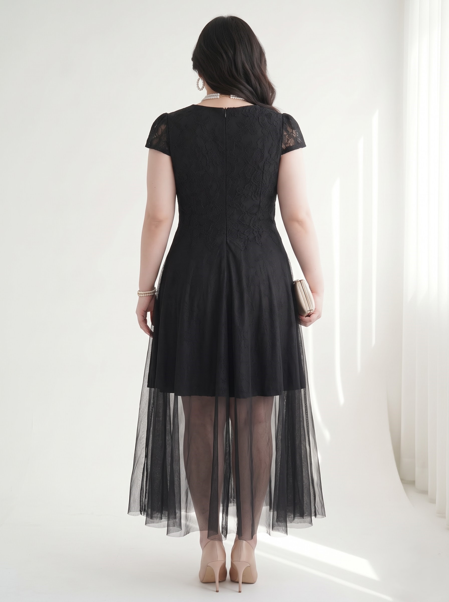Đầm Ren Lông Vũ Phối Lưới Bigsize Nữ Dáng Dài 3 Lớp, Không Co Giãn - Vừa 55–90kg - V-DA245_thumbnail_2