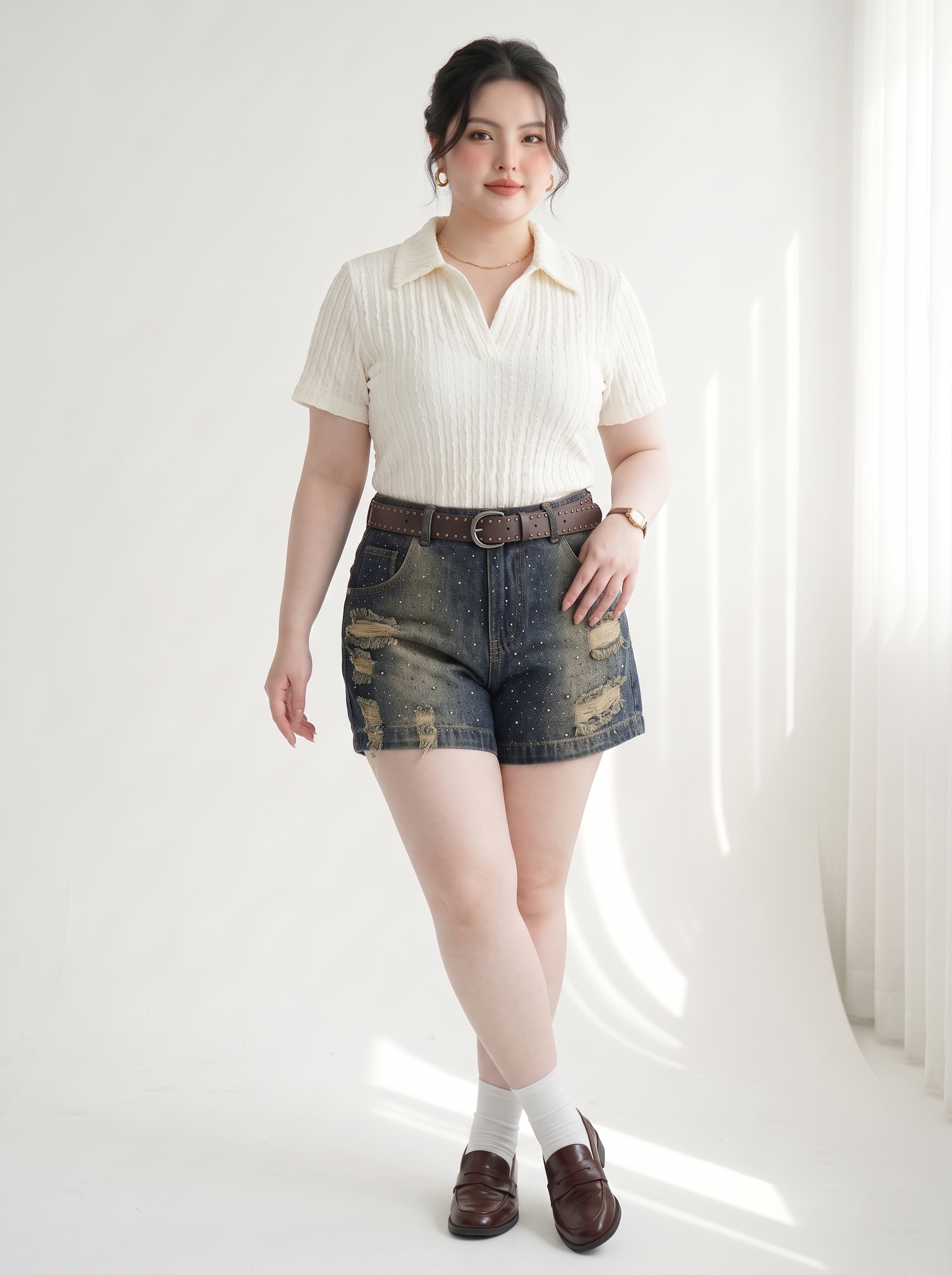 Quần Short Jean Lưng Thun Ép Đá Bigsize Dễ Phối - Wash Loang - Vừa 55–90kg - T-QSJ1323