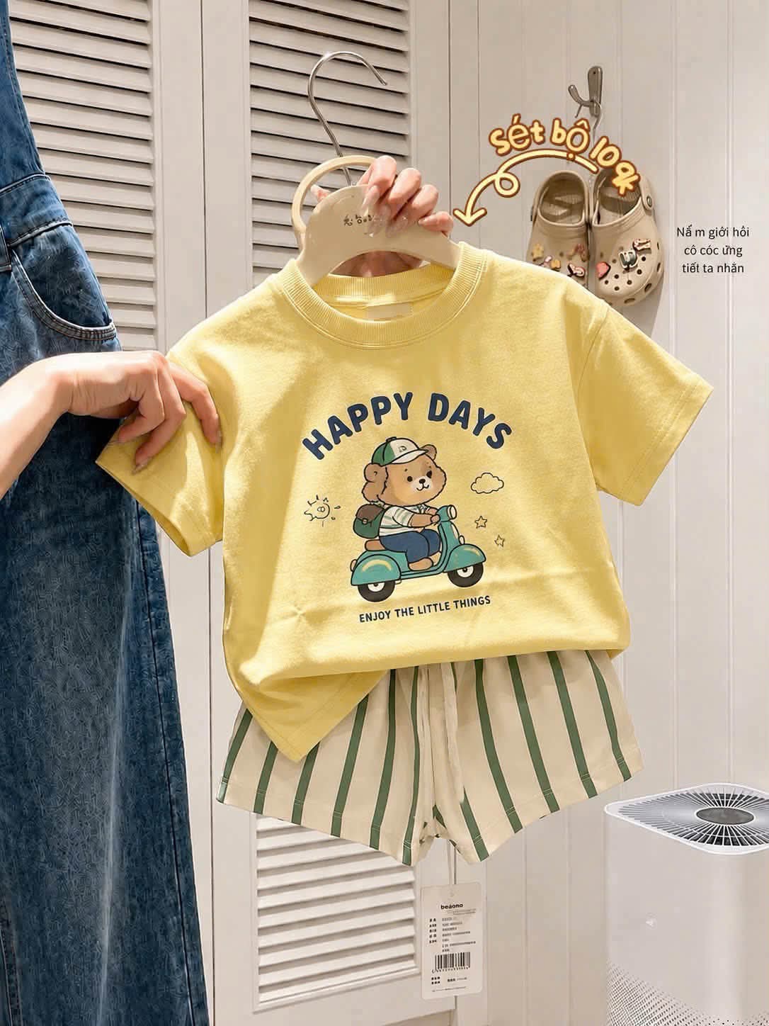 Set bộ cotton vàng kẻ Gấu
