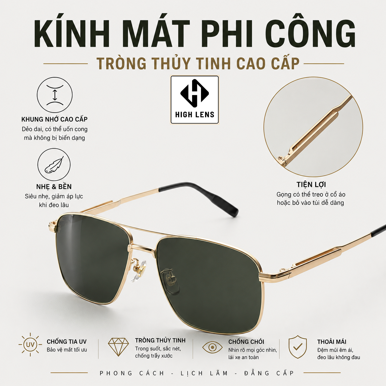 Kính Mát Thủy Tinh Cao Cấp, gọng kim loại mạ vàng tây đẹp mịn, chống chói, tia uv, tròng kính sắc nét