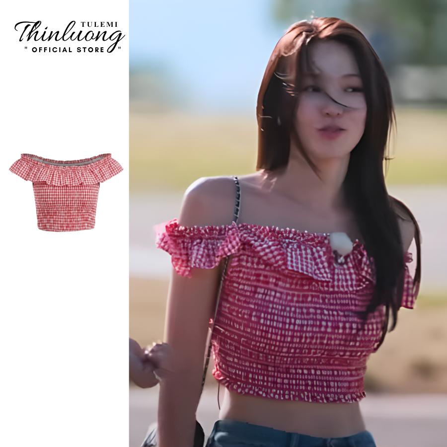 Áo trễ vai MINA caro đỏ form bo chun thoải mái tôn dáng phong cách mùa hè