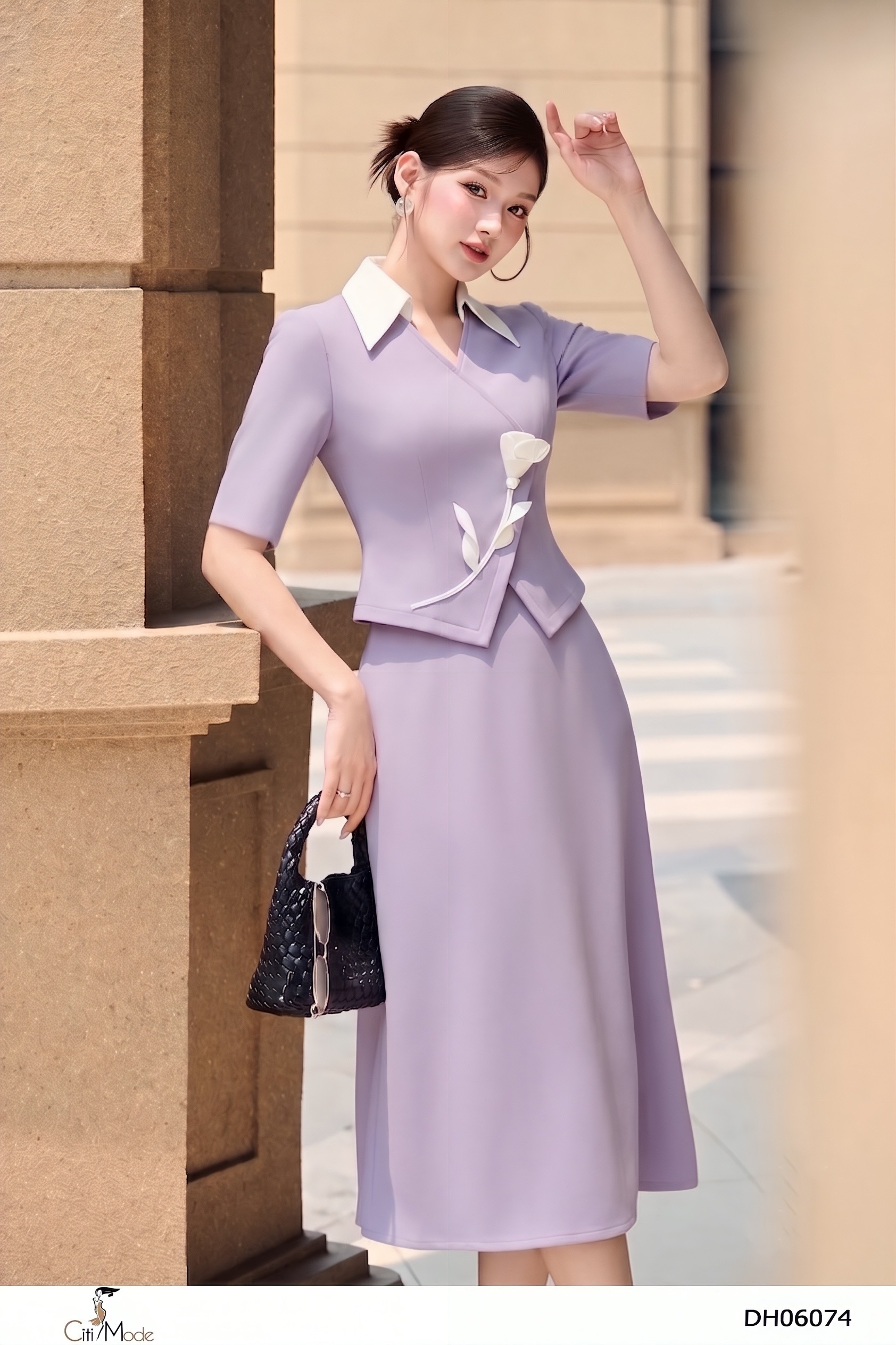 Đầm xòe tím giả sét cổ V đức đính hoa eo, tay lỡ