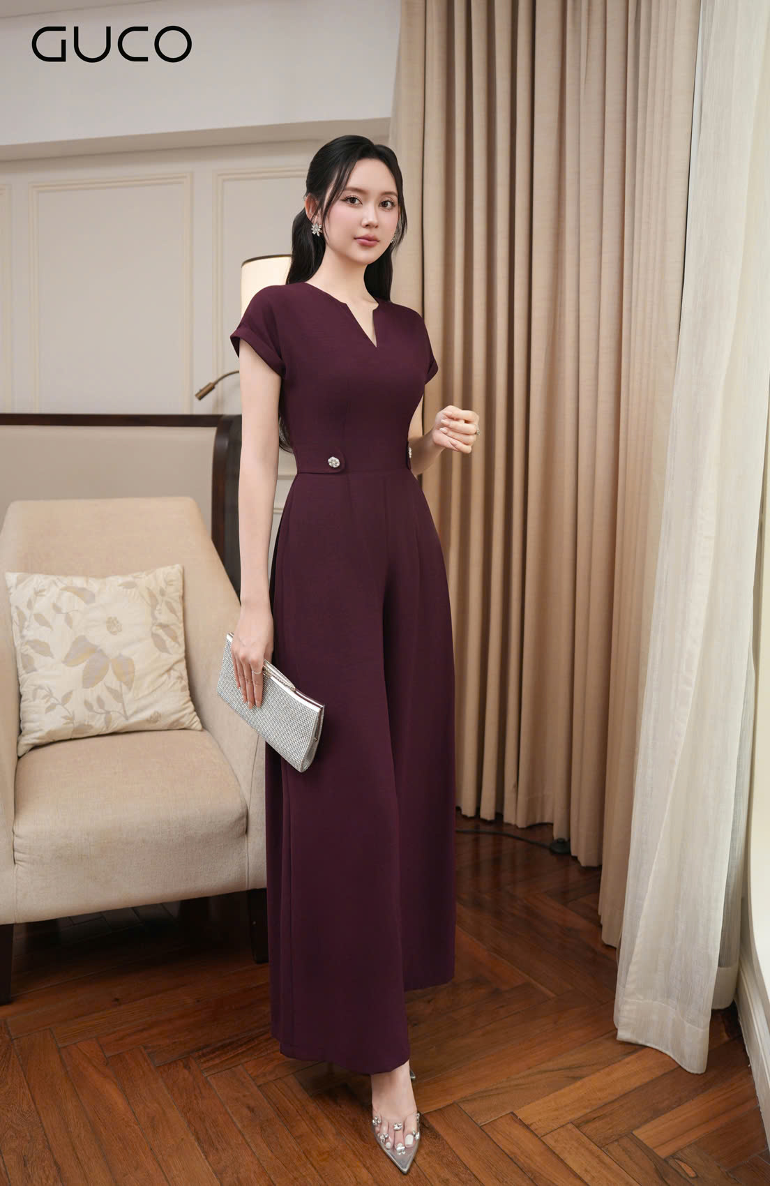JUMPSUIT TAY DƠI CỔ V NHẤN NÚT - ĐÔ