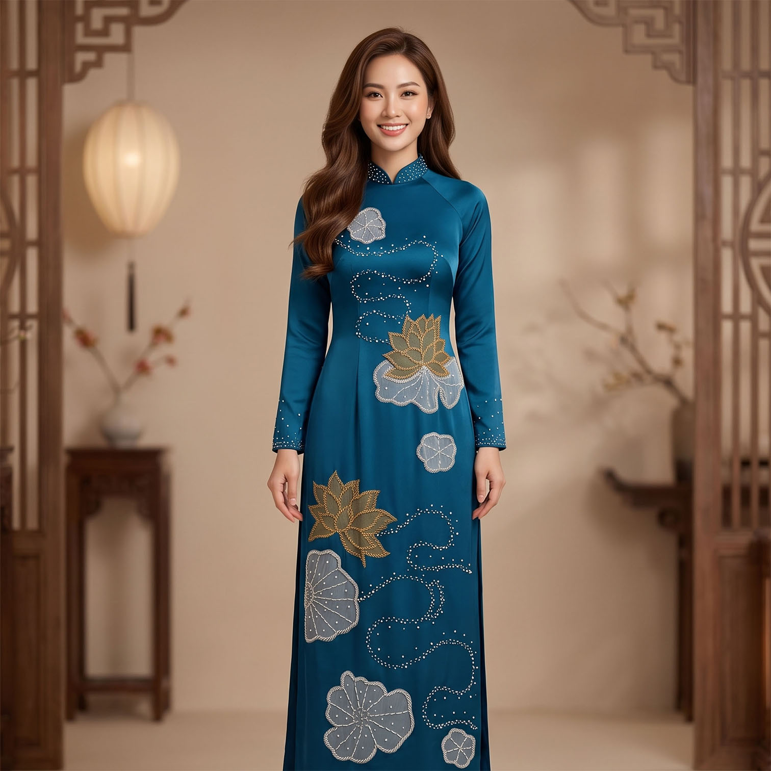 Áo Dài Mẹ Cô Dâu Chú Rể Thêu Hoa Sen Xanh Cổ Vịt Sang Trọng AM26-16_thumbnail_3
