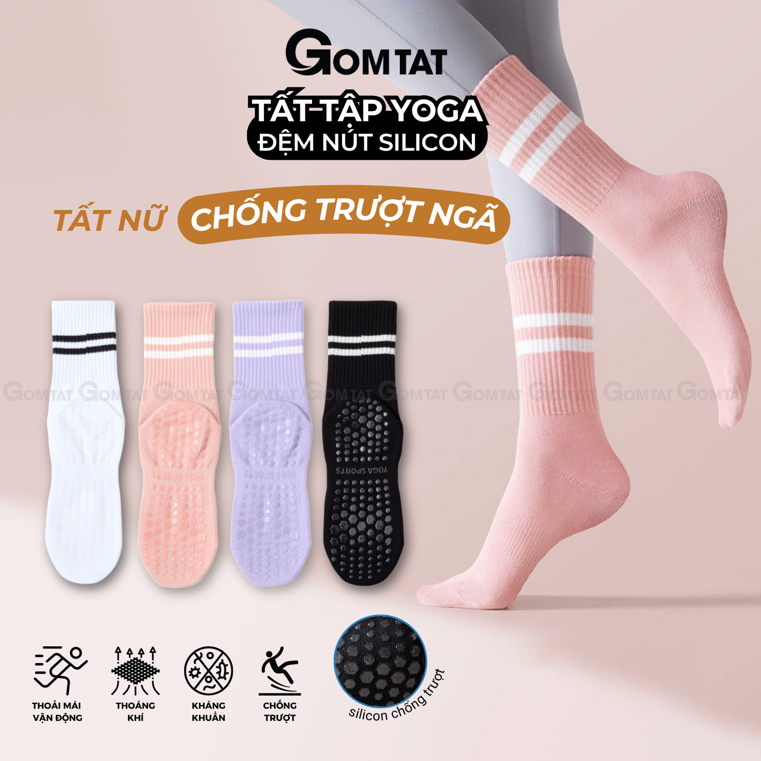 Tất chống trượt cổ cao tập yoga, pilates GOM TẤT, vớ chống trơn thể thao, thiết kế đế cao su an toàn - YOGA-2507