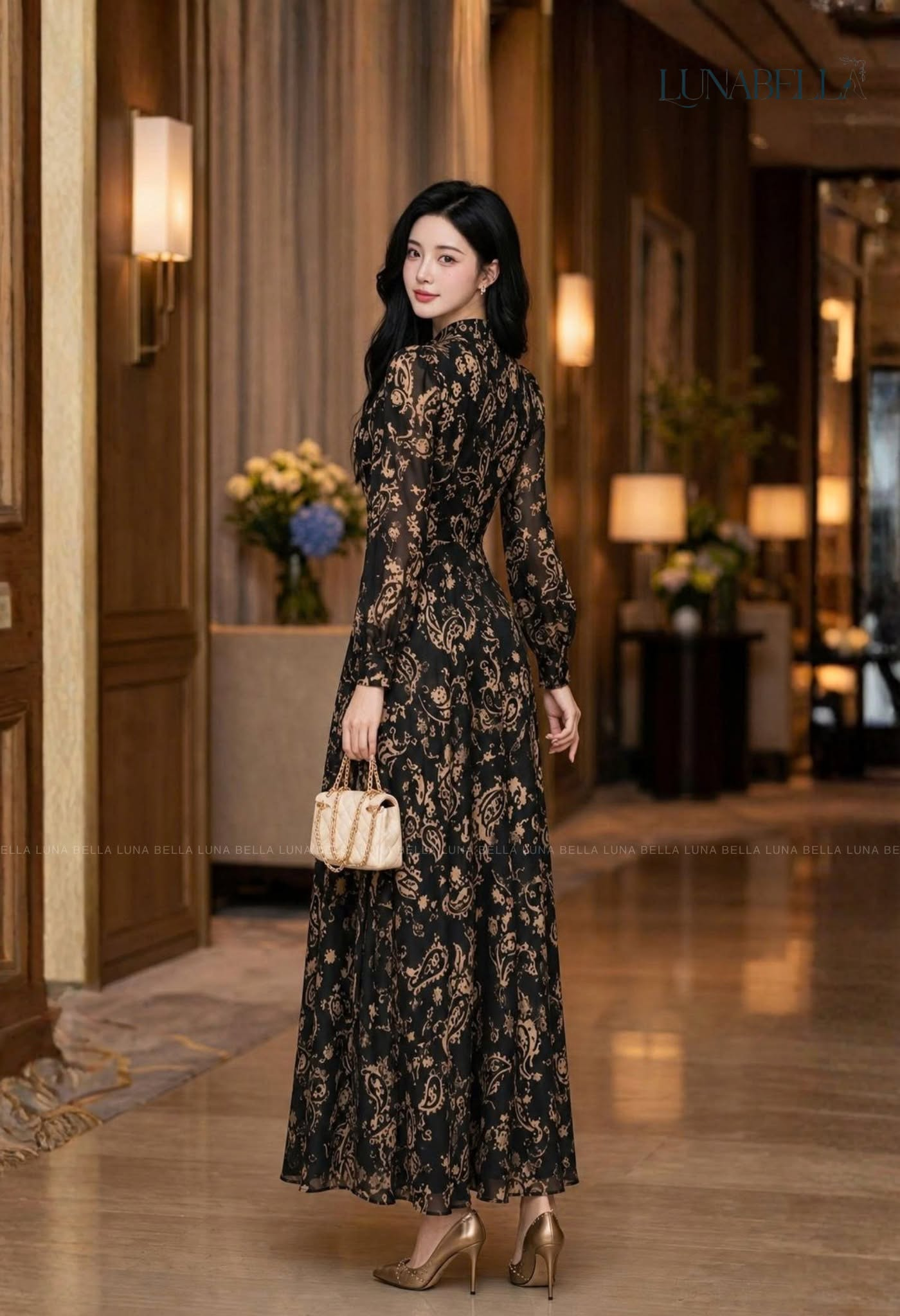 Váy sơ mi lụa dài LORETTA hoạ tiết màu ĐEN_thumbnail_2
