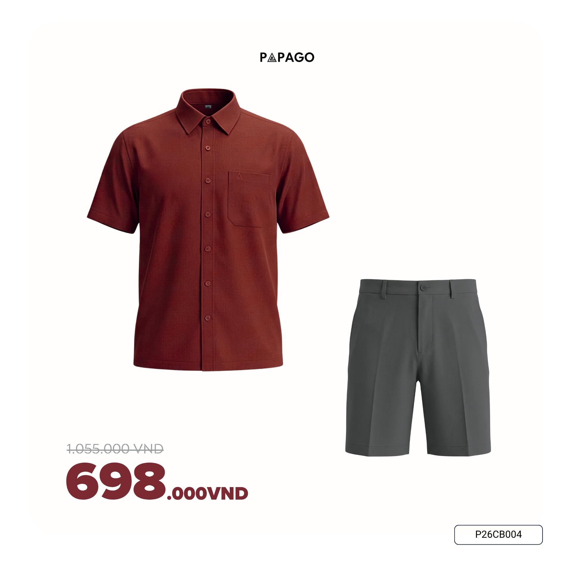 [Tặng Áo] Combo Áo Sơ Mi Nam Tay Ngắn Trơn Đơn Giản & Quần Short Vải Poly Trung Niên PAPAGO - P26CB005_thumbnail_2