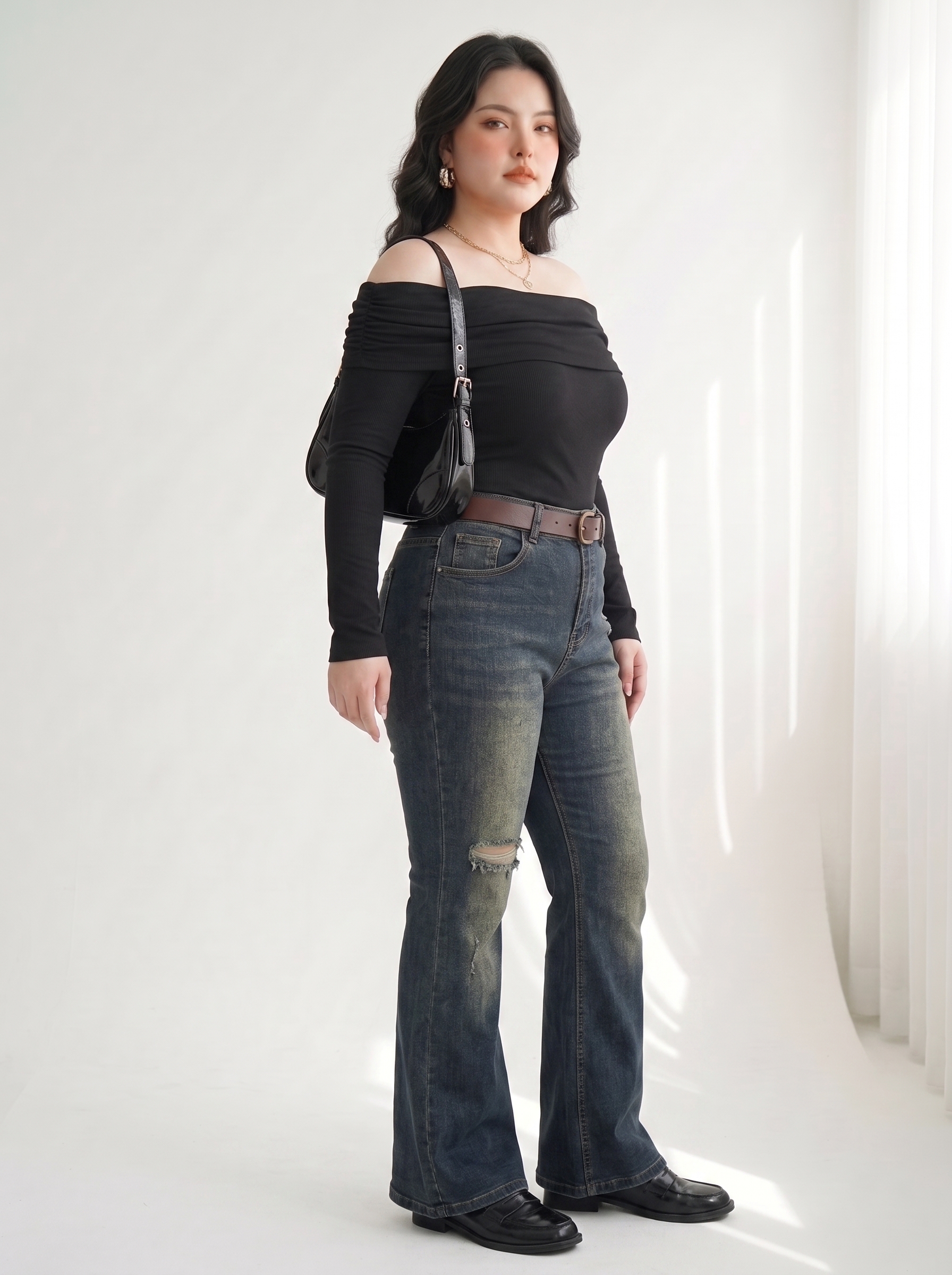 Quần Jean Ống Loe Bigsize Cạp Cao Gọn Bụng Tôn Chân - Xanh Denim Wash - Vừa 55-90kg - V-QJ341