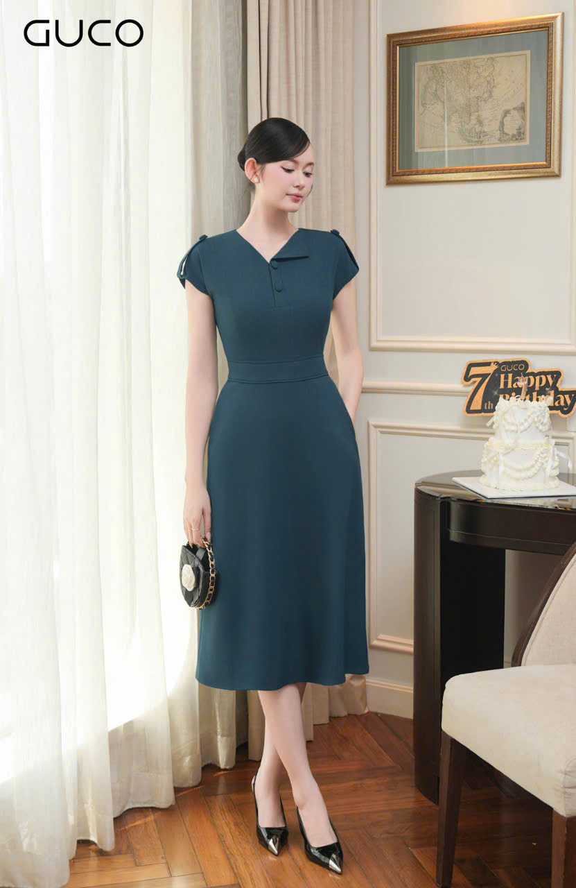 ĐẦM A CỔ VEST VAI KẾT NÚT - XANH CỔ VỊT_thumbnail_2