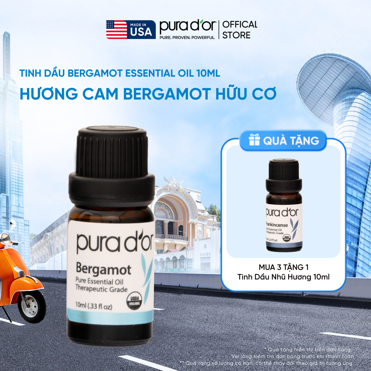 Tinh Dầu Cam Bergamot Hữu Cơ Pura D'or Therapeutic Grade Bergamot Essential Oil 10ml