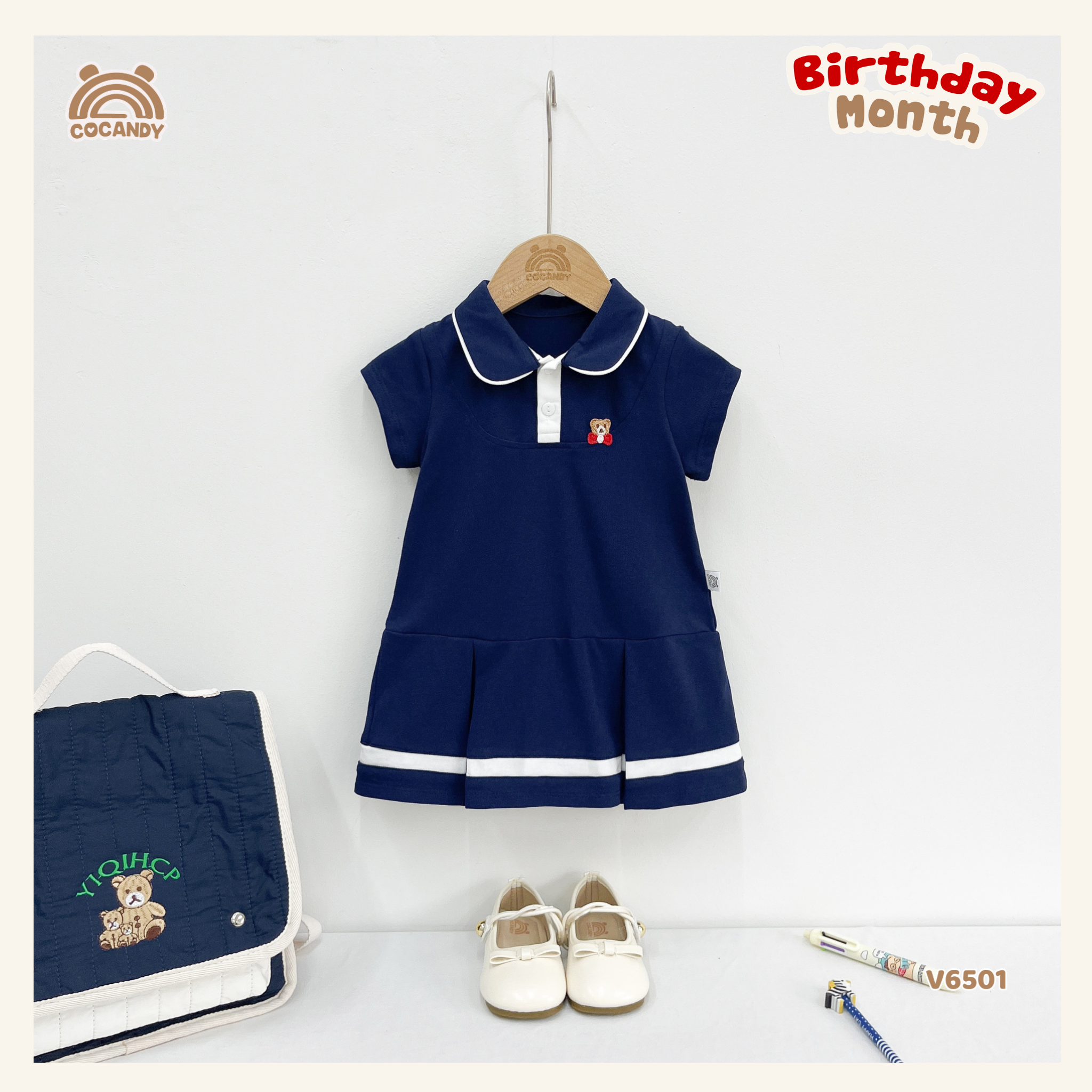 Váy cộc XANH NAVY cổ sen tag gấu