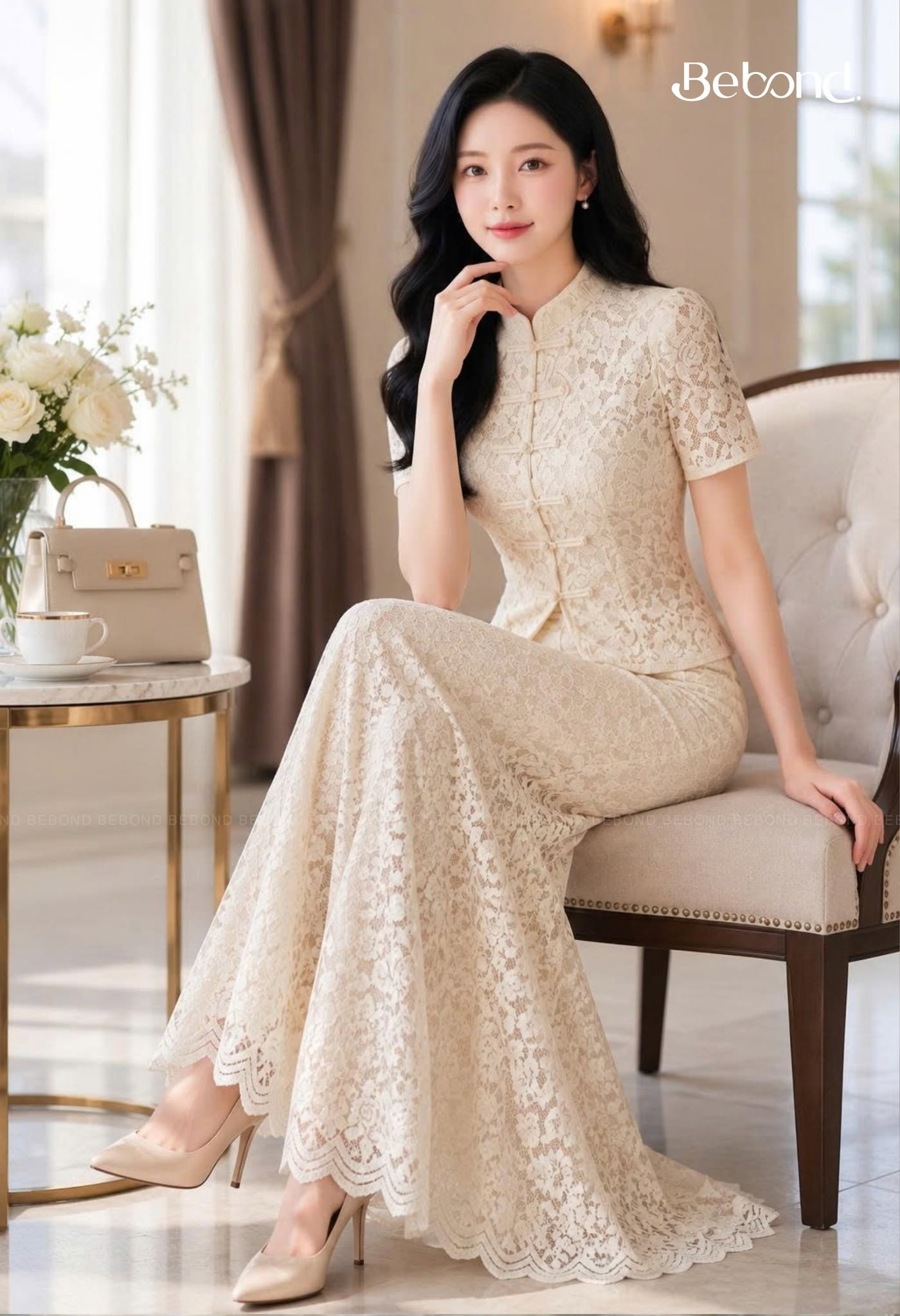 Áo ren ngắn tay cúc cổ tàu FARAH màu TRẮNG KEM_thumbnail_1