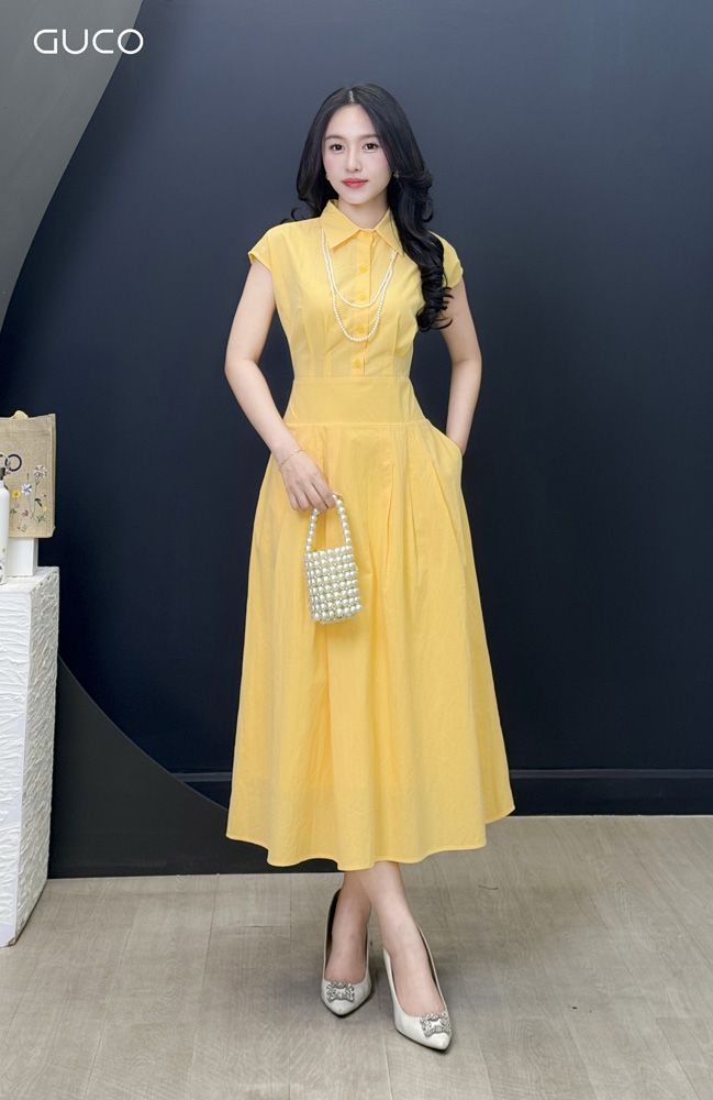 ĐẦM SƠ MI TAY CON XẾP LY EO - VÀNG