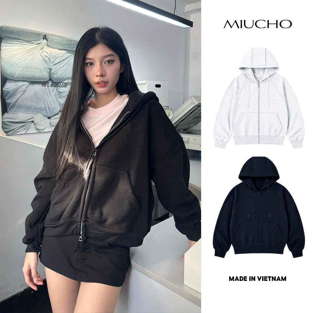 Áo hoodie zip Miucho form rộng basic vải nỉ 2 da trơn HDT00079