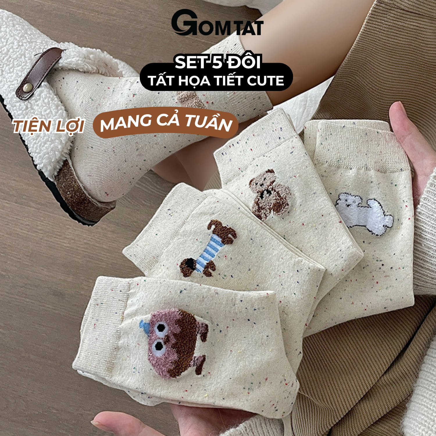 Set 5 đôi tất cao cổ nữ họa tiết thú cưng dễ thương GOMTAT, vớ chân cute chất cotton mềm mịn, co dãn – JIN-2516