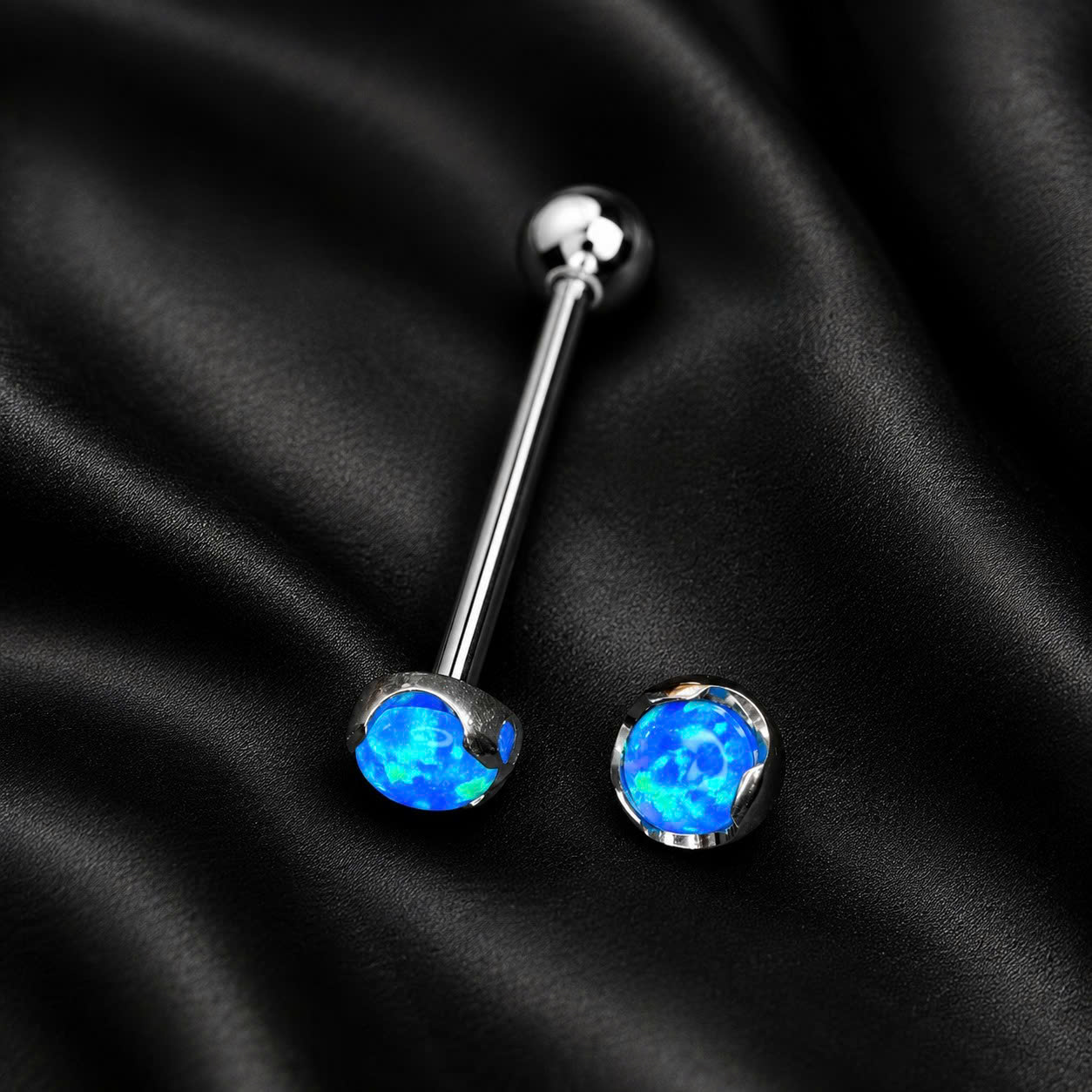 khuyên lưỡi titan đá opal xanh biển 3mm.