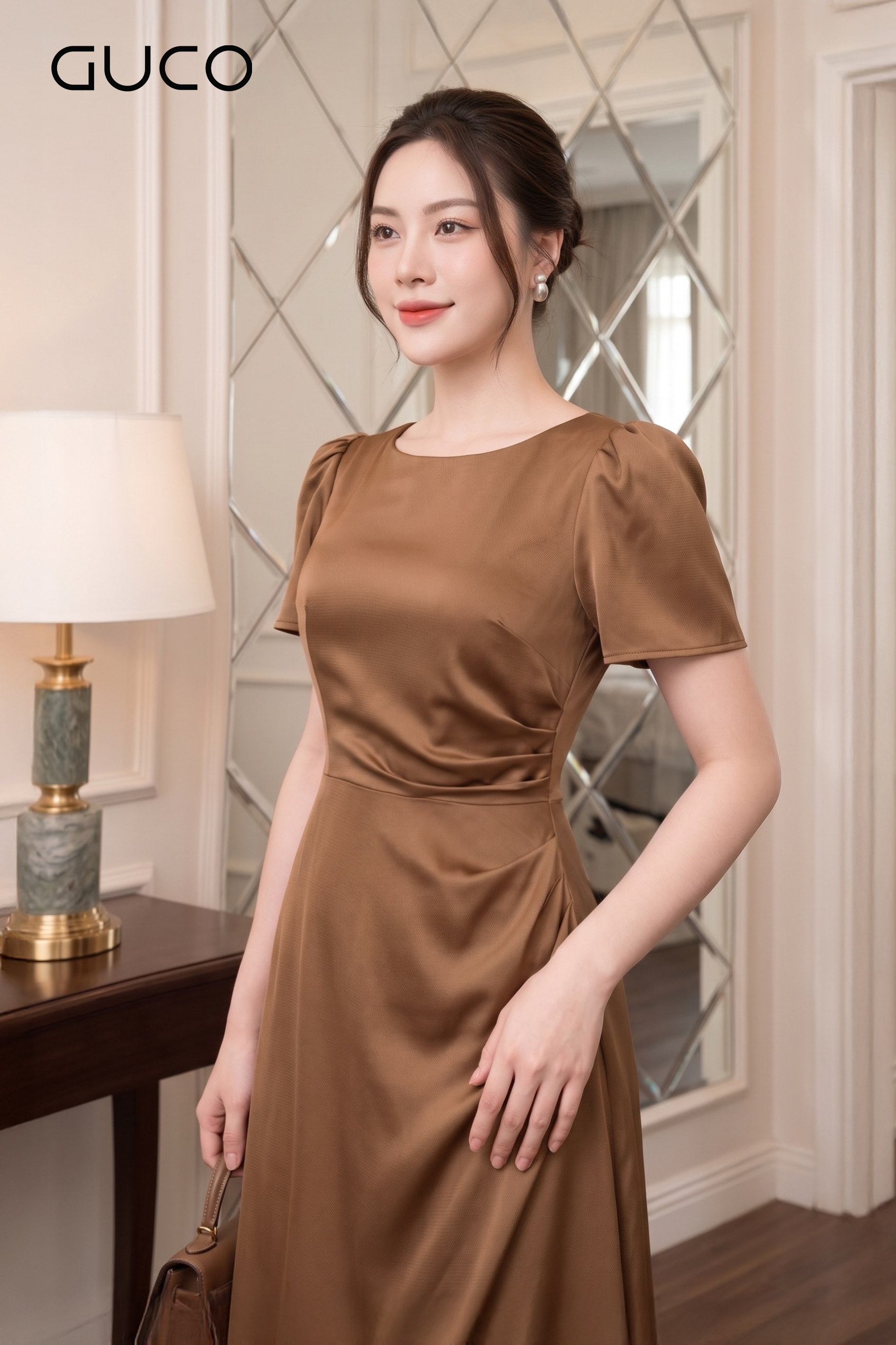Đầm Dài Lụa Nâu Cổ Thuyền  Xếp Nhún Eo - 5260_thumbnail_2