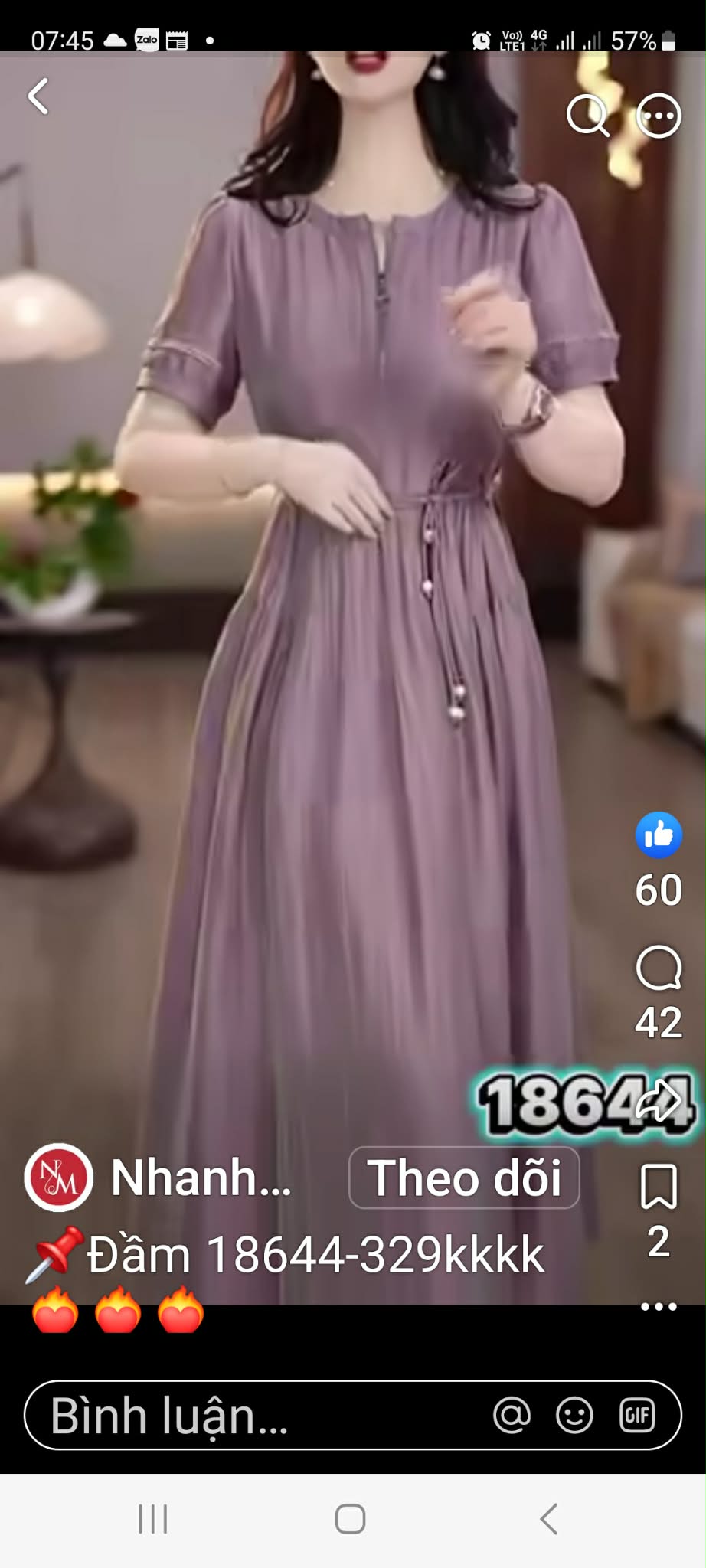 18644- đầm suông rút eo chất linen tím