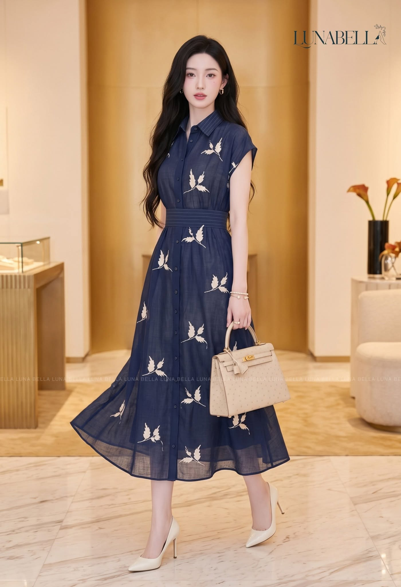 Váy sơ mi dài CAROL hoạ tiết thêu màu XANH_thumbnail_1