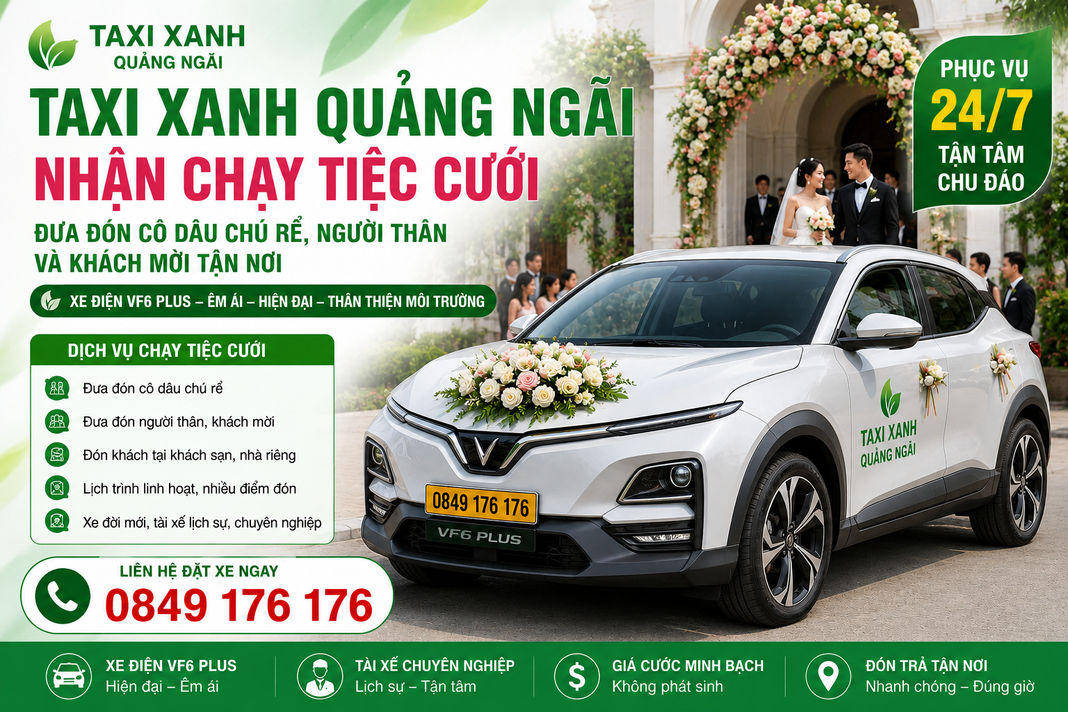 Taxi Xanh Quảng Ngãi Nhận Chạy Tiệc Cưới Trọn Gói 24/7