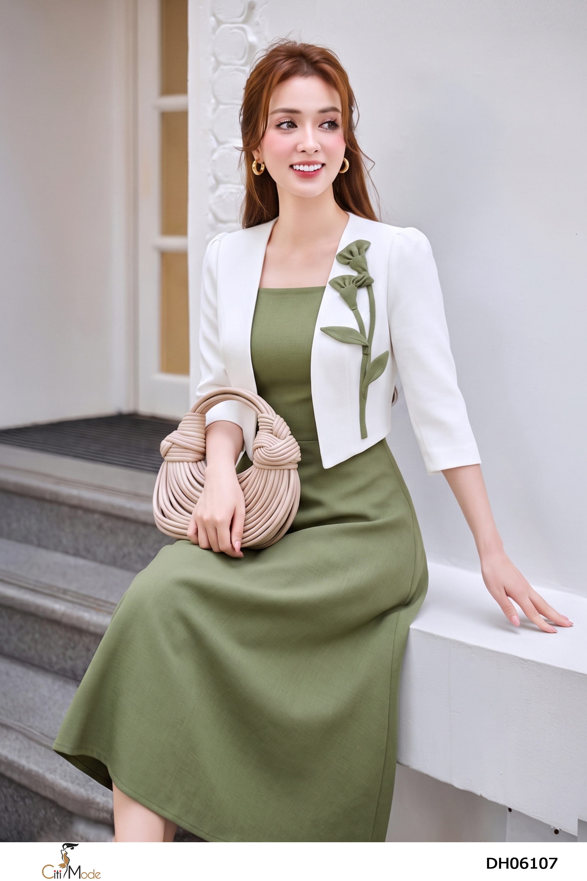 Đầm xòe giả set xanh rêu  phối trắng, cổ vuông tay lỡ_thumbnail_4