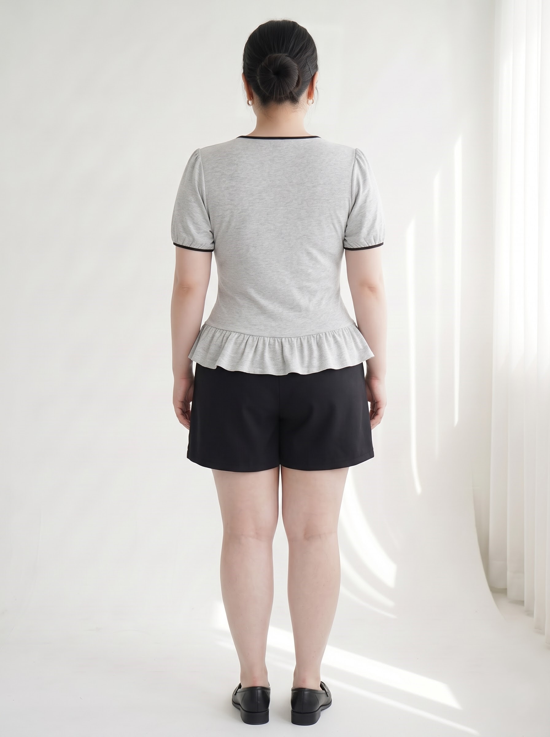 Áo Thun Nhún Bèo Phối Nơ Bigsize Form Peplum Tạo Eo Mềm Che Bắp Tay - Xám - Vừa 55-95kg - V-AK103_thumbnail_3