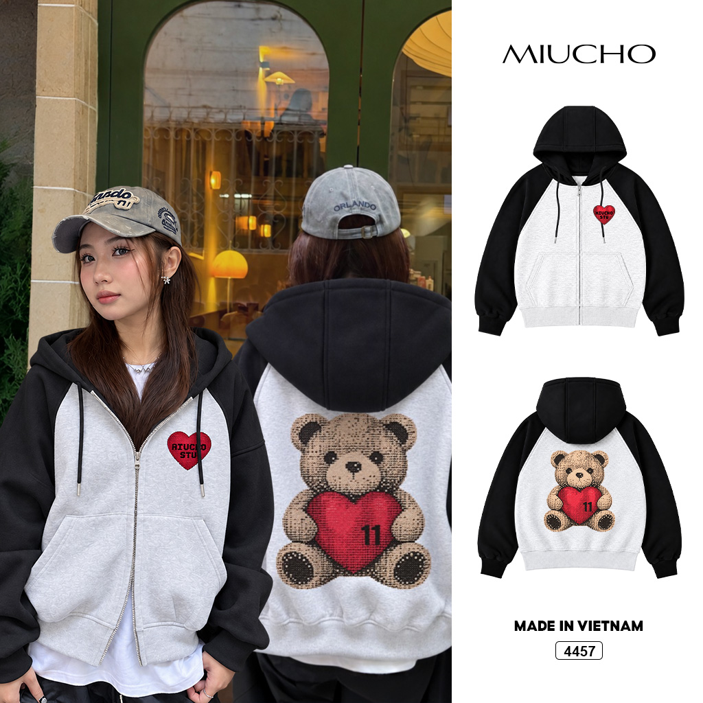 Áo hoodie zip Miucho form rộng raglan vải nỉ 2 da in mix 4457
