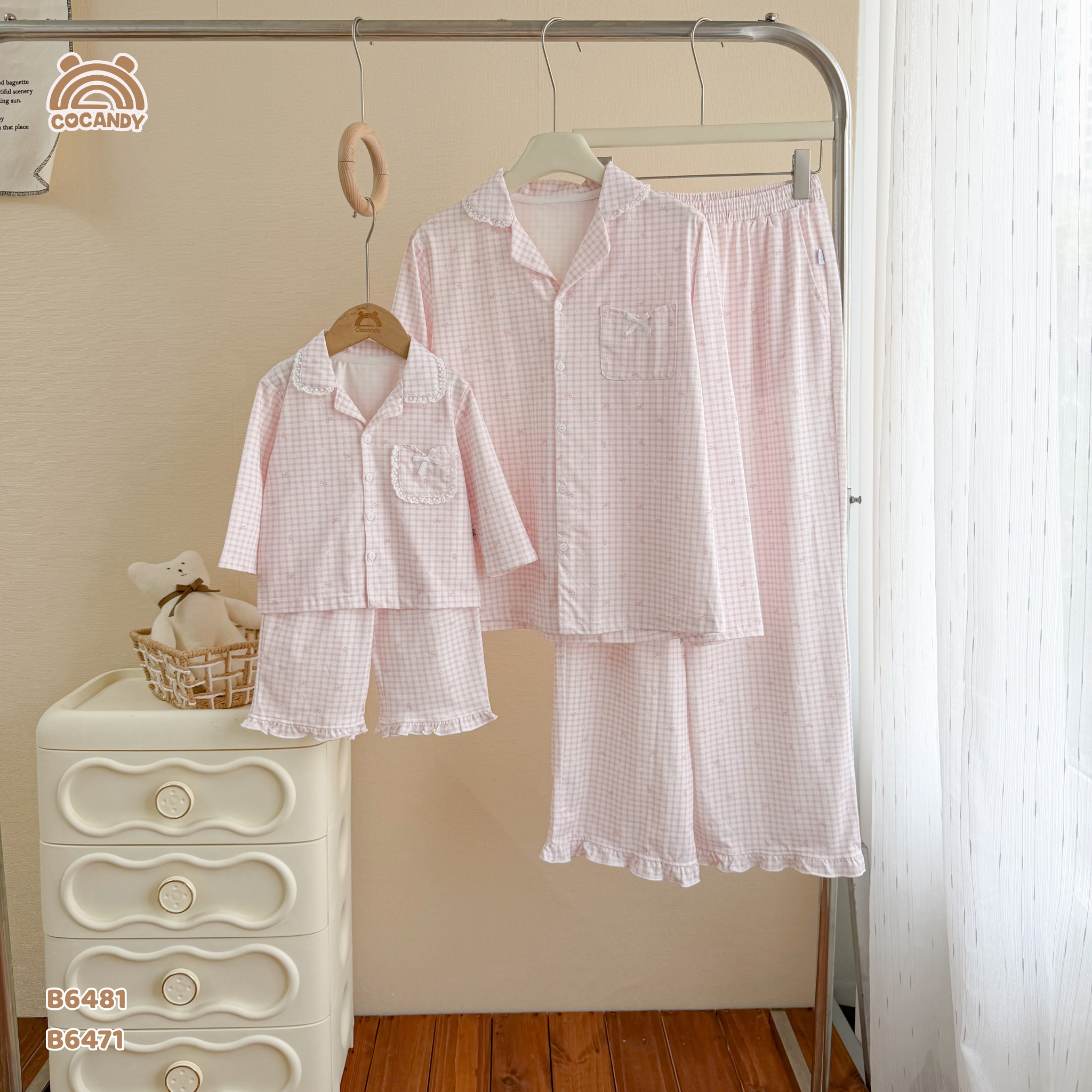 Bộ dài pijama HỒNG caro hoa nơ NỮ_thumbnail_3
