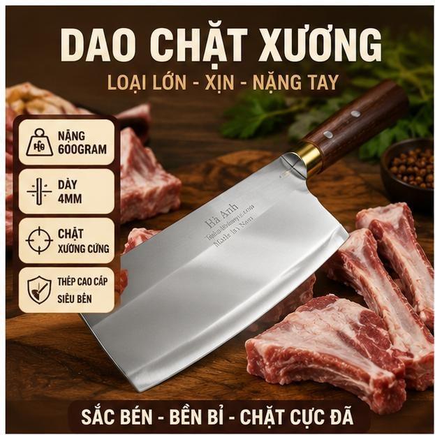 Dao xịn chặt xương loại lớn - nặng 600gram - thép trắng không gỉ Hà Anh, siêu bén