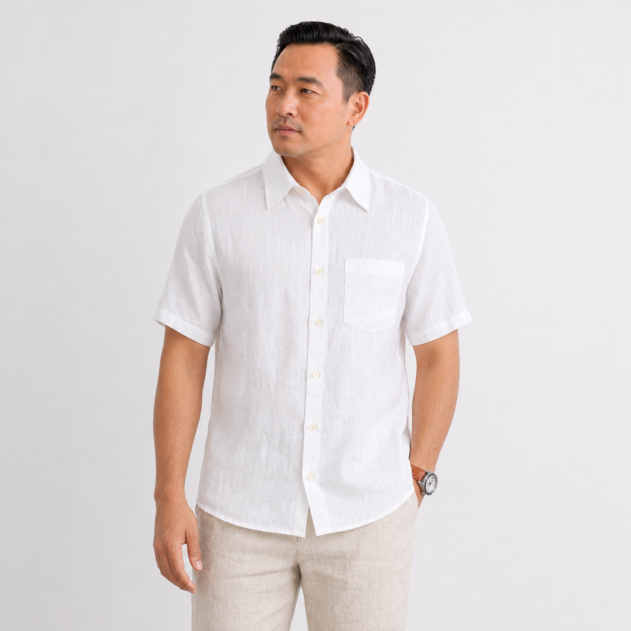 100% PREMIUM LINEN - SƠ MI NGẮN TAY CỔ ĐỨC - Vạt Ngang Túi Ngực