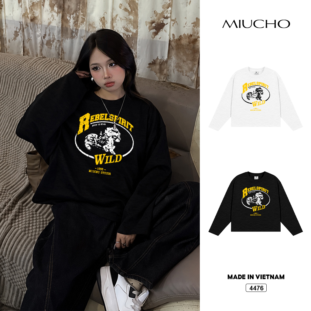 Áo thun nữ tay dài form boxy Miucho cotton xược cổ tròn Hàn Quốc 4476