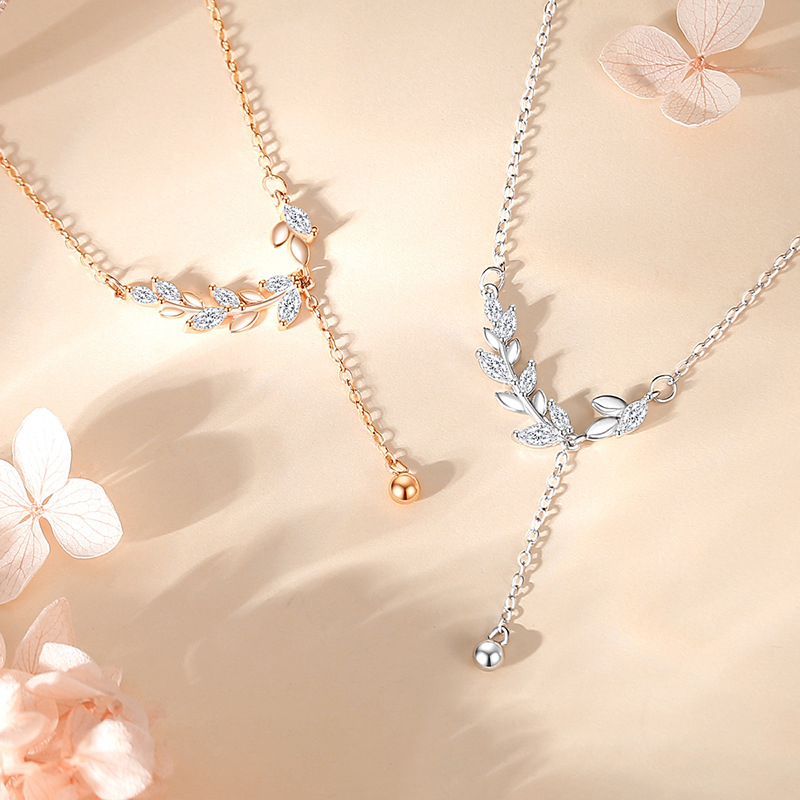 Dây Chuyền Bạc S925 Cành Nguyệt Quế Đính Đá Zircon Dáng Thả Sang Trọng HTT031VH Vàng Hồng - Trắng