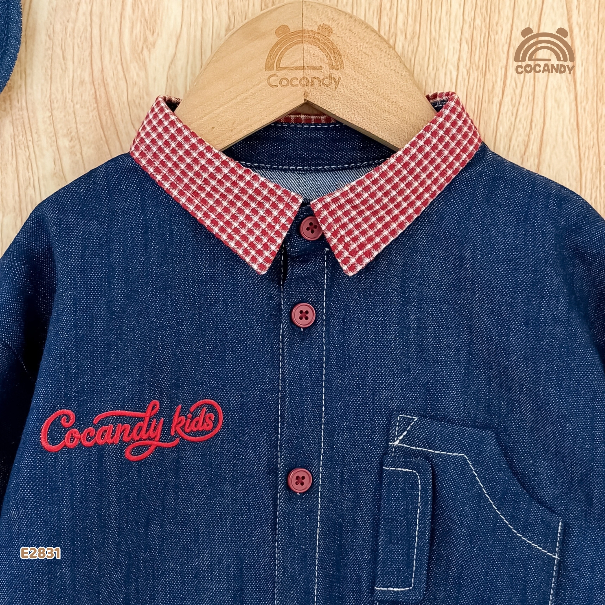 Áo dài sơ mi XANH jeans phối caro đỏ_thumbnail_4
