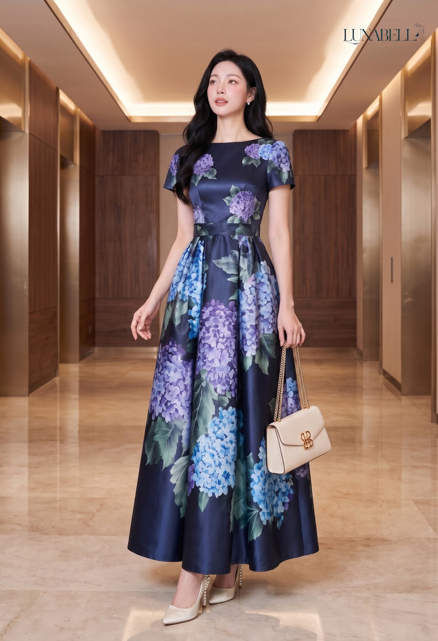Váy tafta lụa dài AMETHYST in hoa màu NAVY