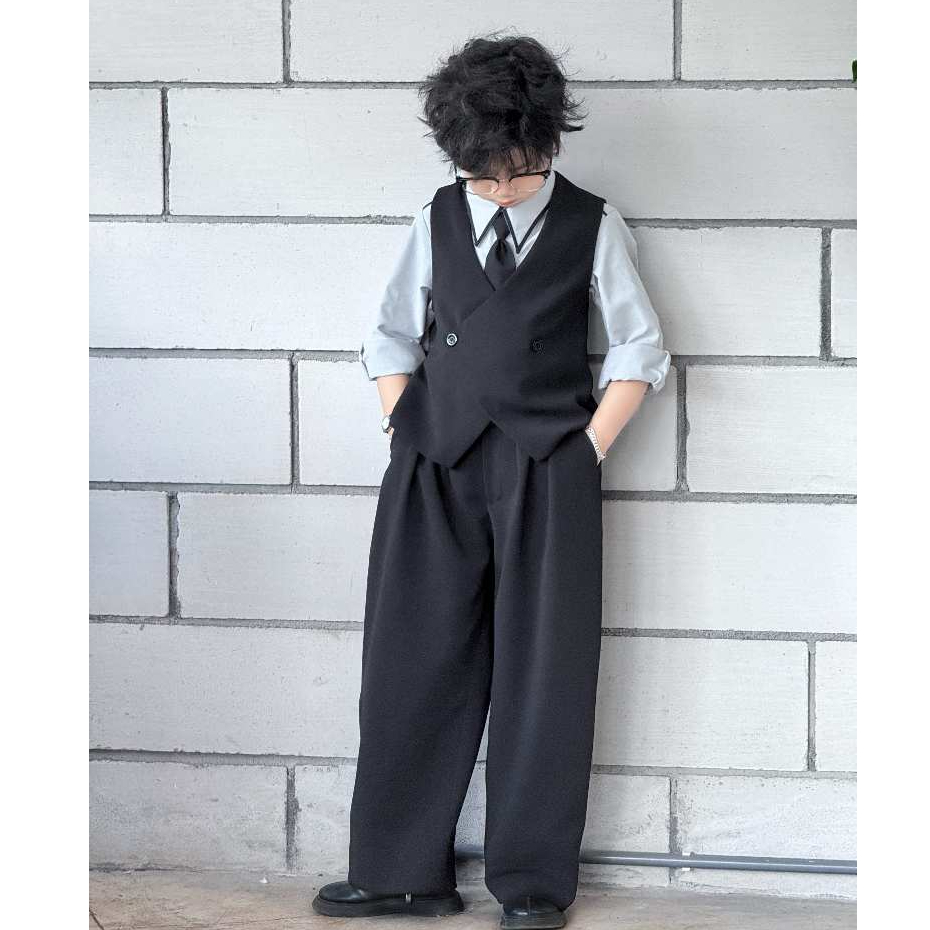 Bộ Gile Đen Chéo, Quần Suông Dáng Rộng Cho Bé Trai (Set 4 Món )._thumbnail_7