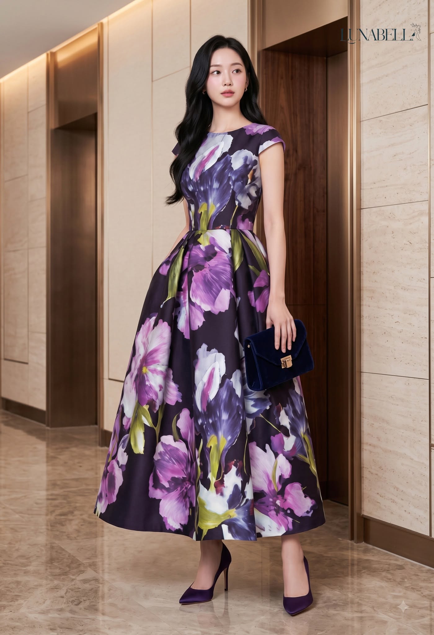 Váy tafta lụa dài VIOLETTA in hoa màu TÍM