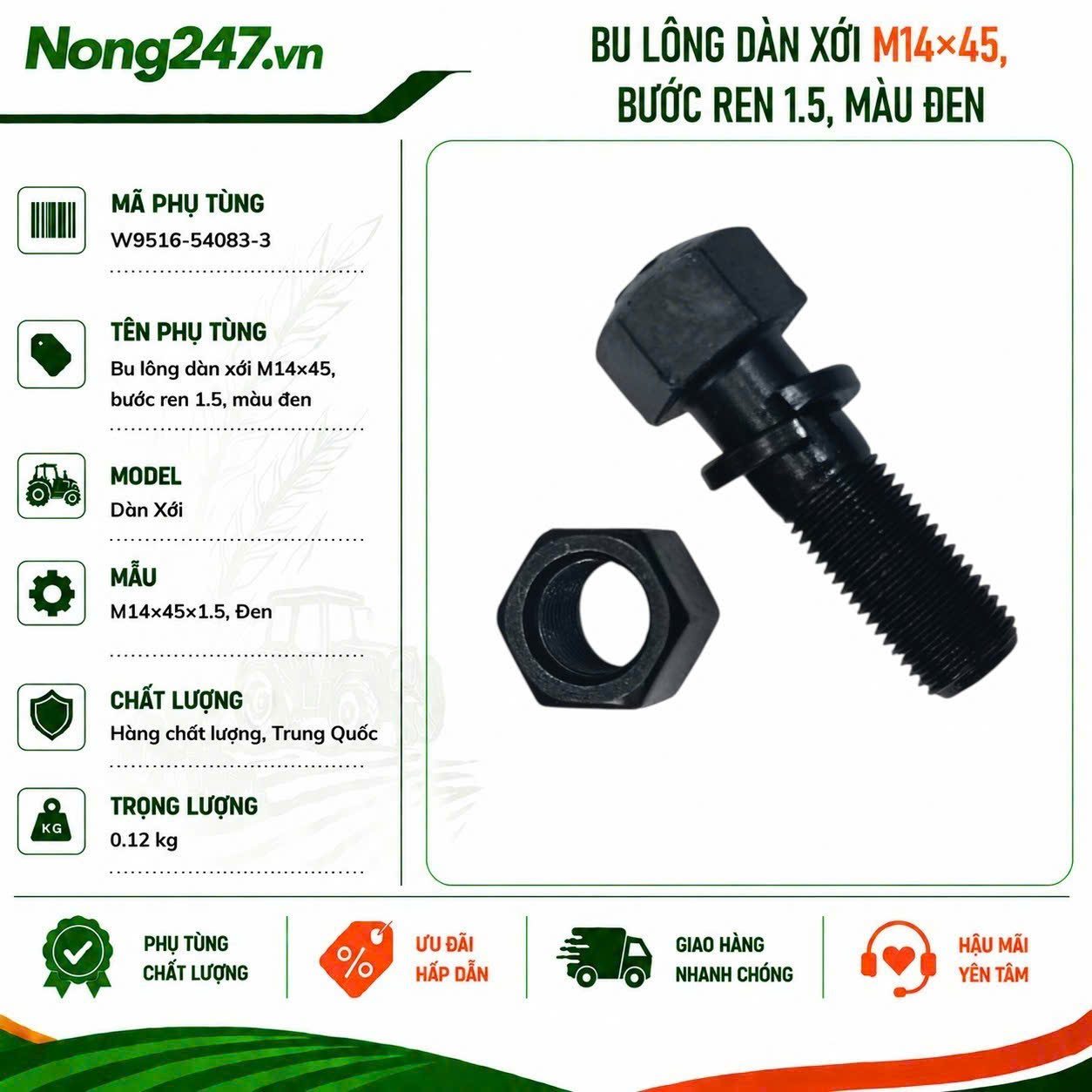 Bu lông dàn xới M14×45, bước ren 1.5, màu đen