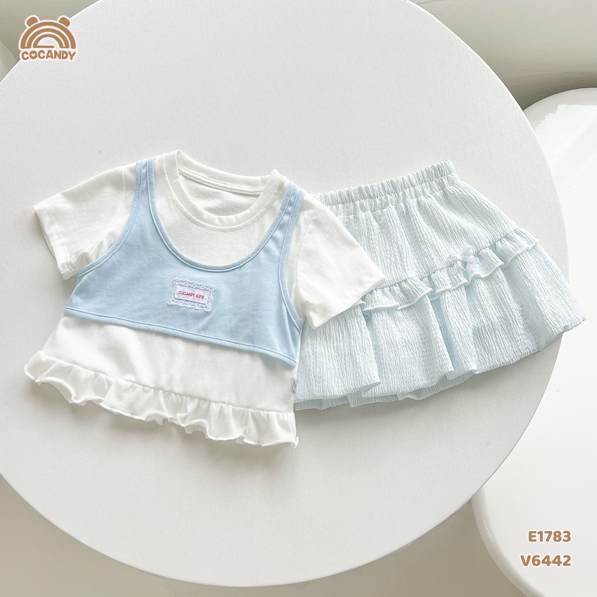 Áo cộc cotton XANH TRẮNG giả yếm tag CCD