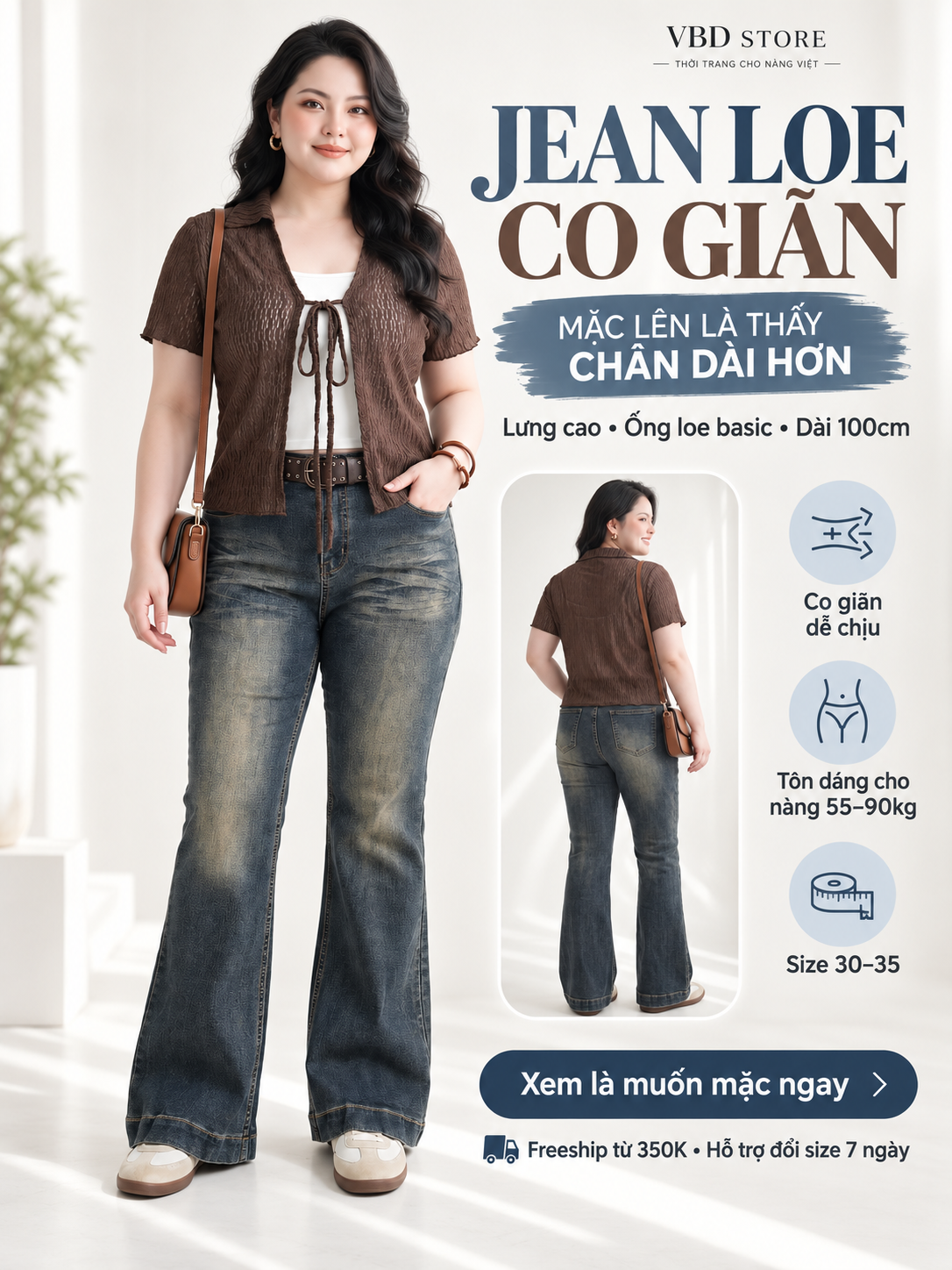 Poster QJ335 trên người mẫu với thông tin lưng cao, ống loe basic, dài 100cm, co giãn, 55–90kg và size 30–35