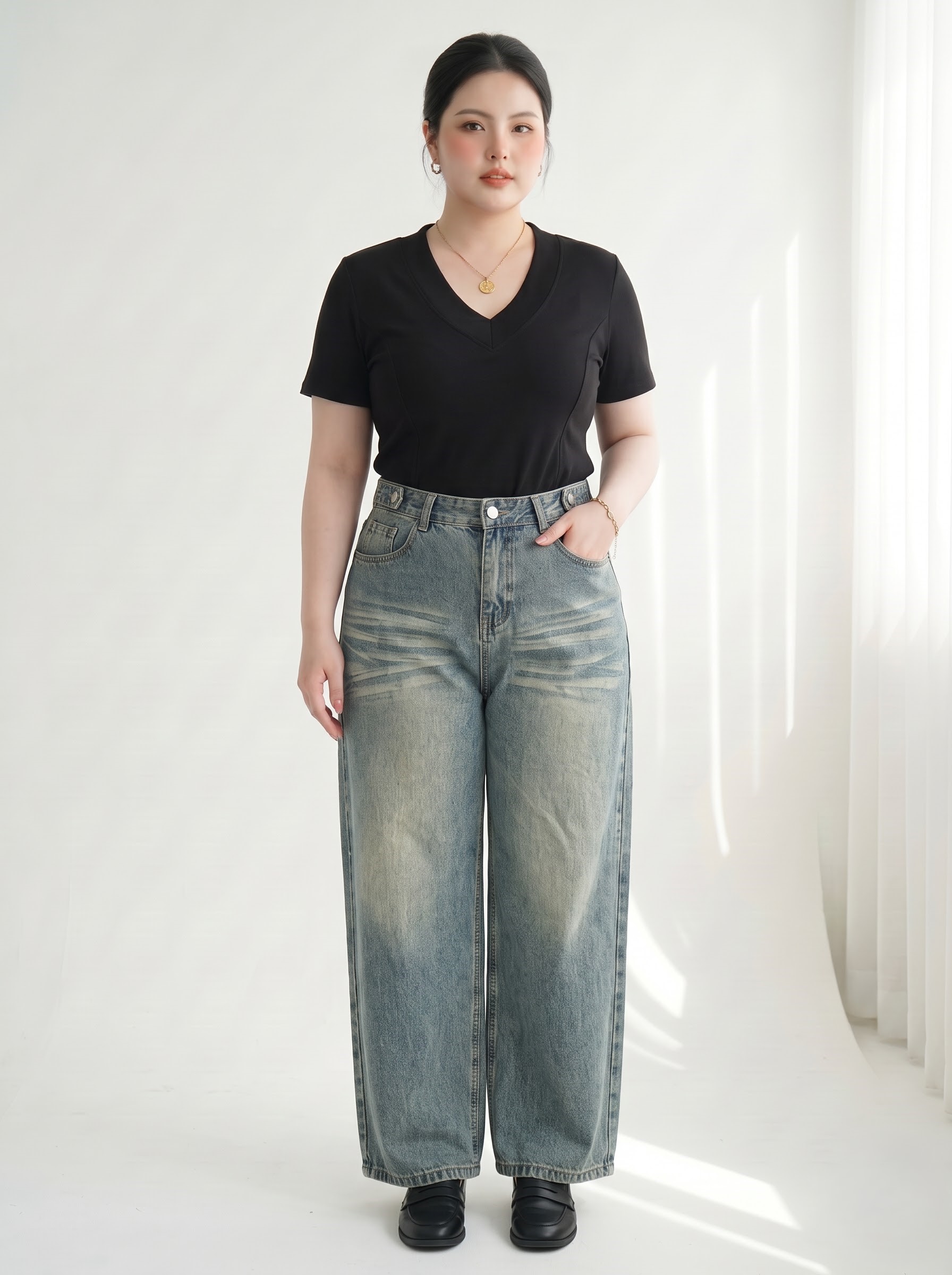 Quần Jean Suông Nấm Bigsize Lưng Cao Wash Xanh Đậm/Xanh Nhạt - Vừa 55–90kg - T-QJ631