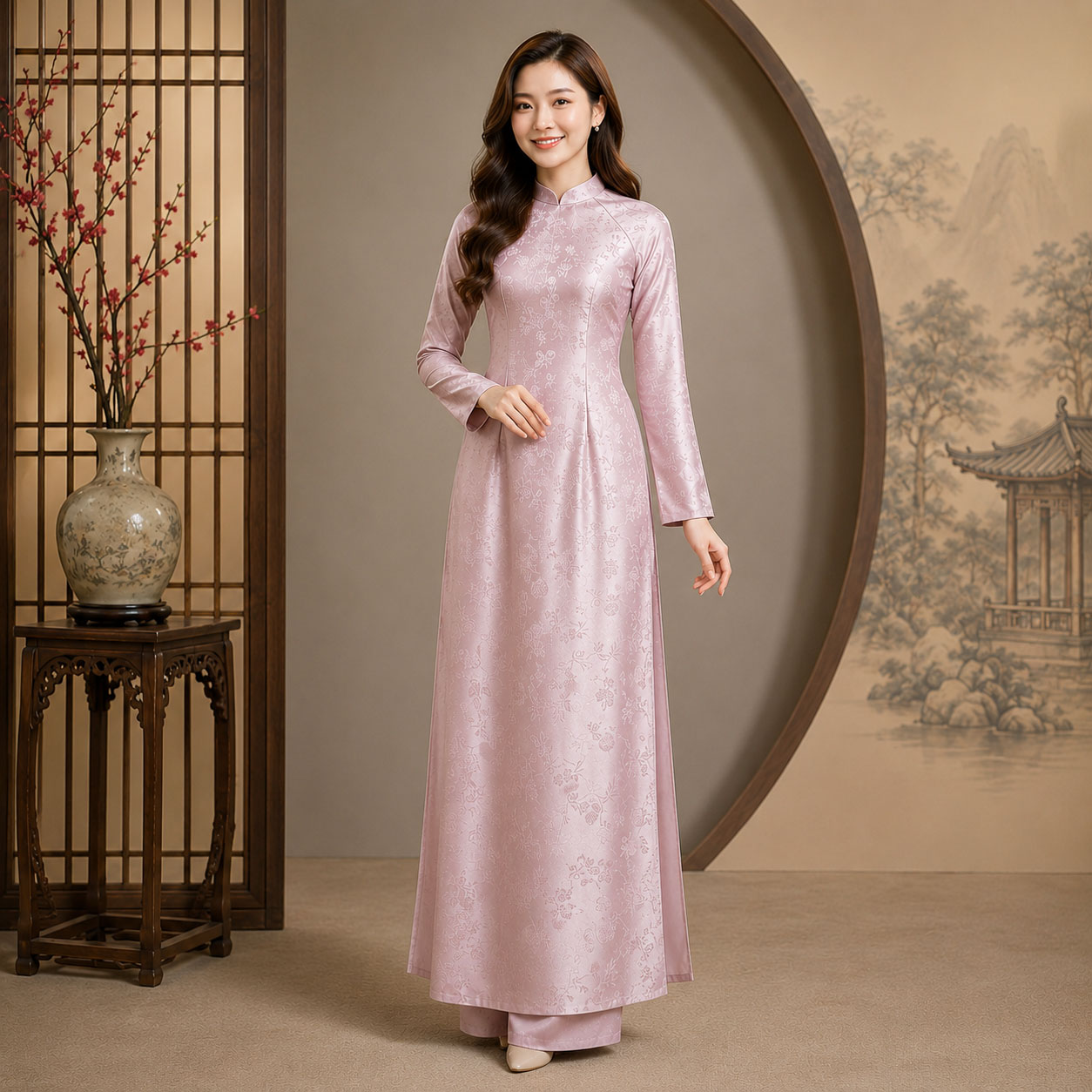 Áo Dài Truyền Thống Nữ Gấm Trúc Đào Thanh Lịch Mặc Lễ, Tết, Chụp Ảnh TT26-03_thumbnail_1