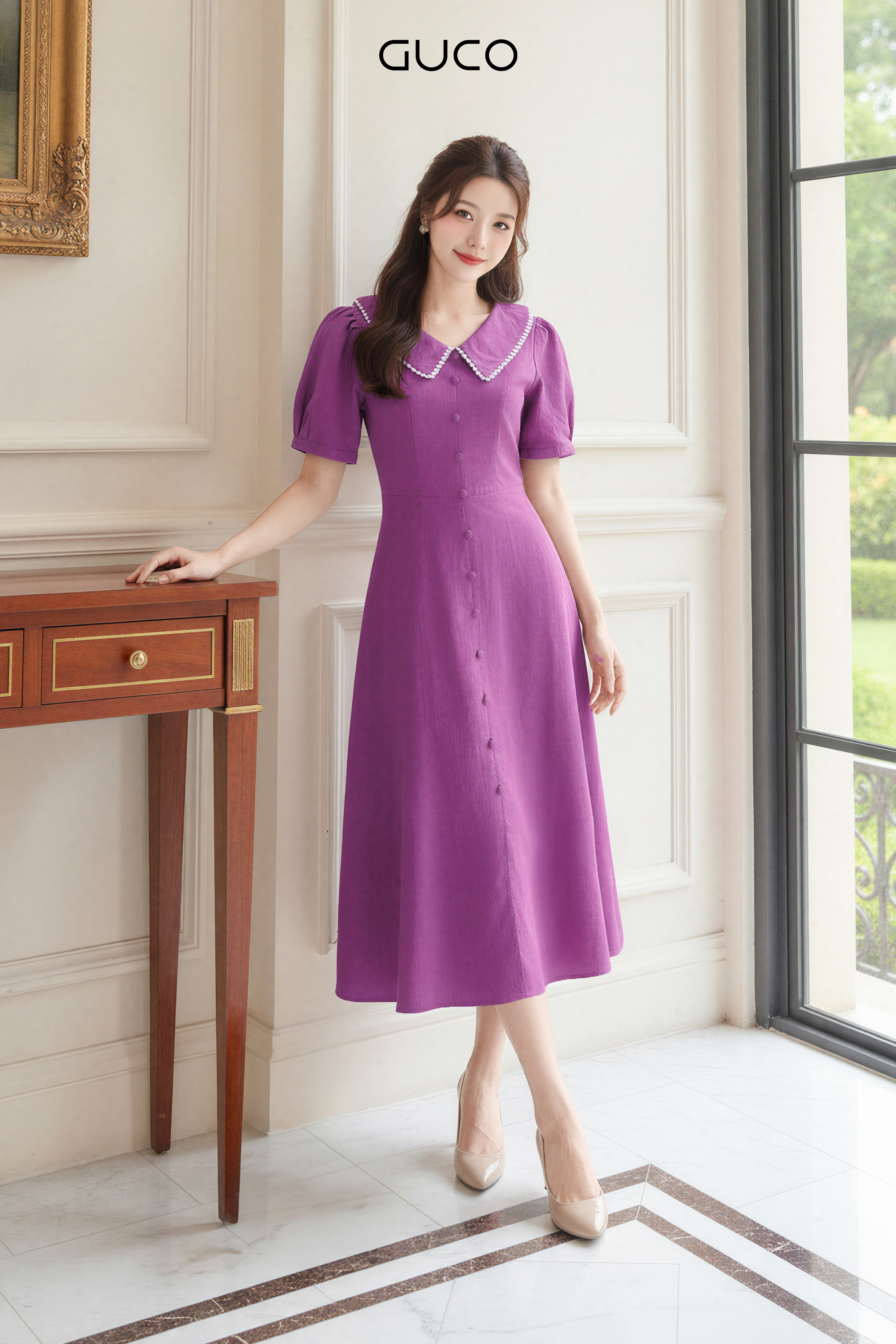 Đầm Xòe Tím Lavender Cổ Sen Viền Ren - 5173_thumbnail_2