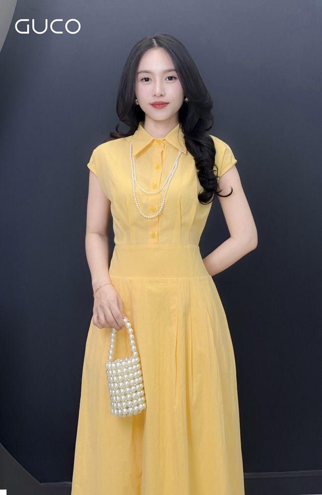 ĐẦM SƠ MI TAY CON XẾP LY EO - VÀNG_thumbnail_3
