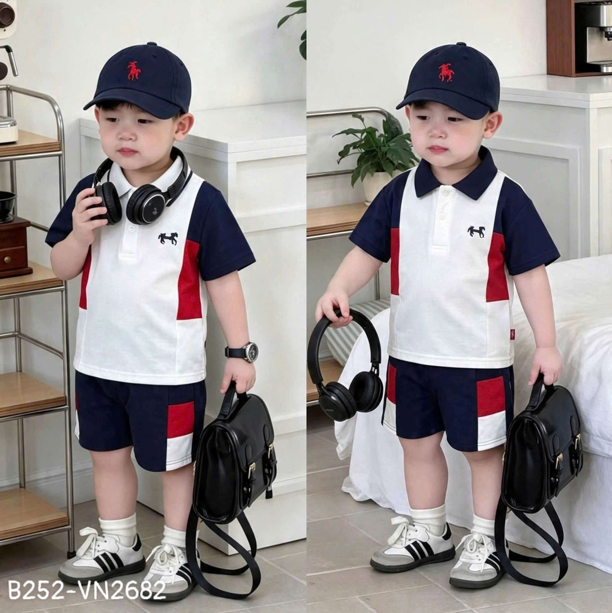 Set bộ polo cá sấu ngựa phối đỏ trắng kèm mũ