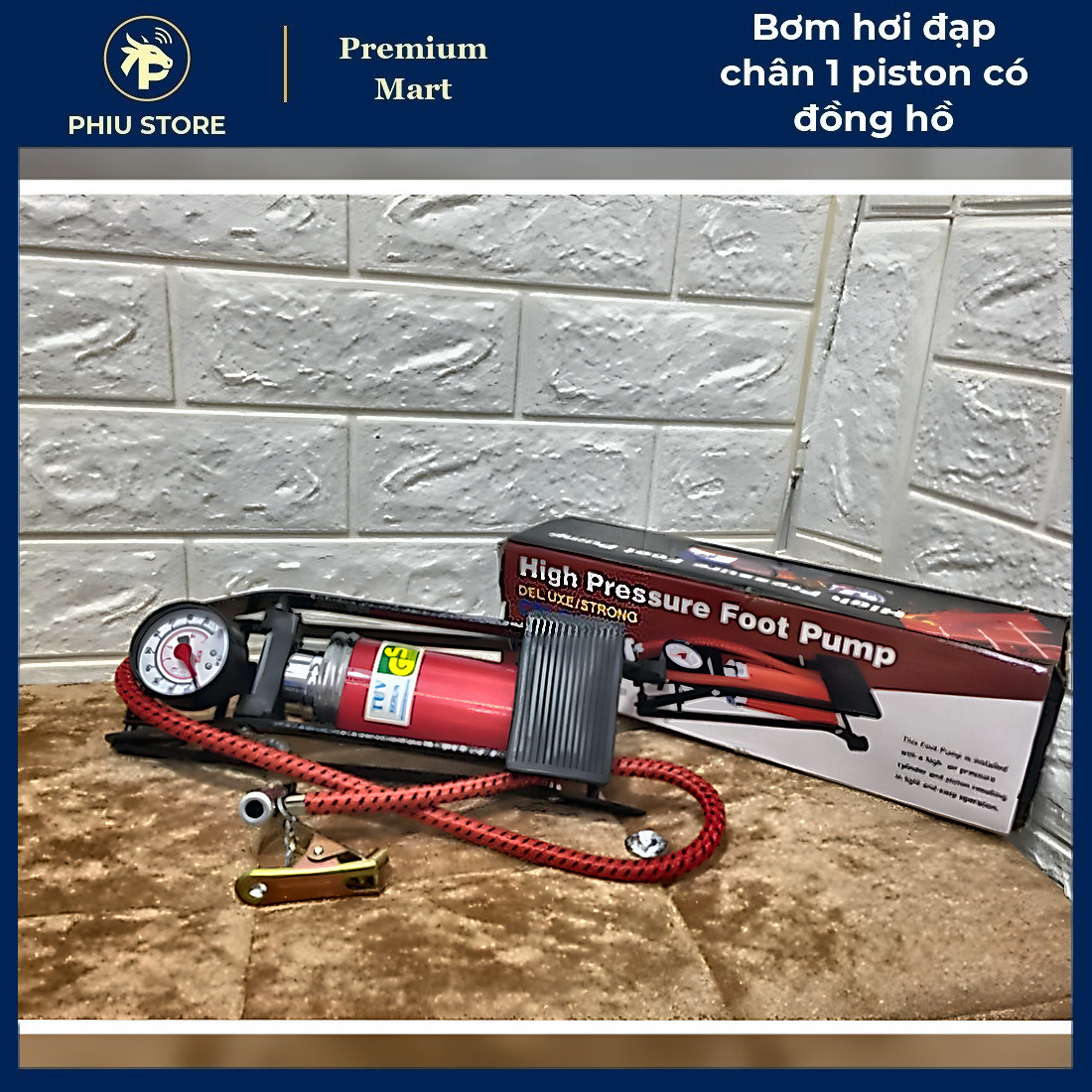 Bơm Đạp Chân Xe Máy - Bơm Hơi Đạp Chân 1 Piston có Đồng Hồ, Bơm Hơi Xe Máy Đạp Chân - PHIU STORE