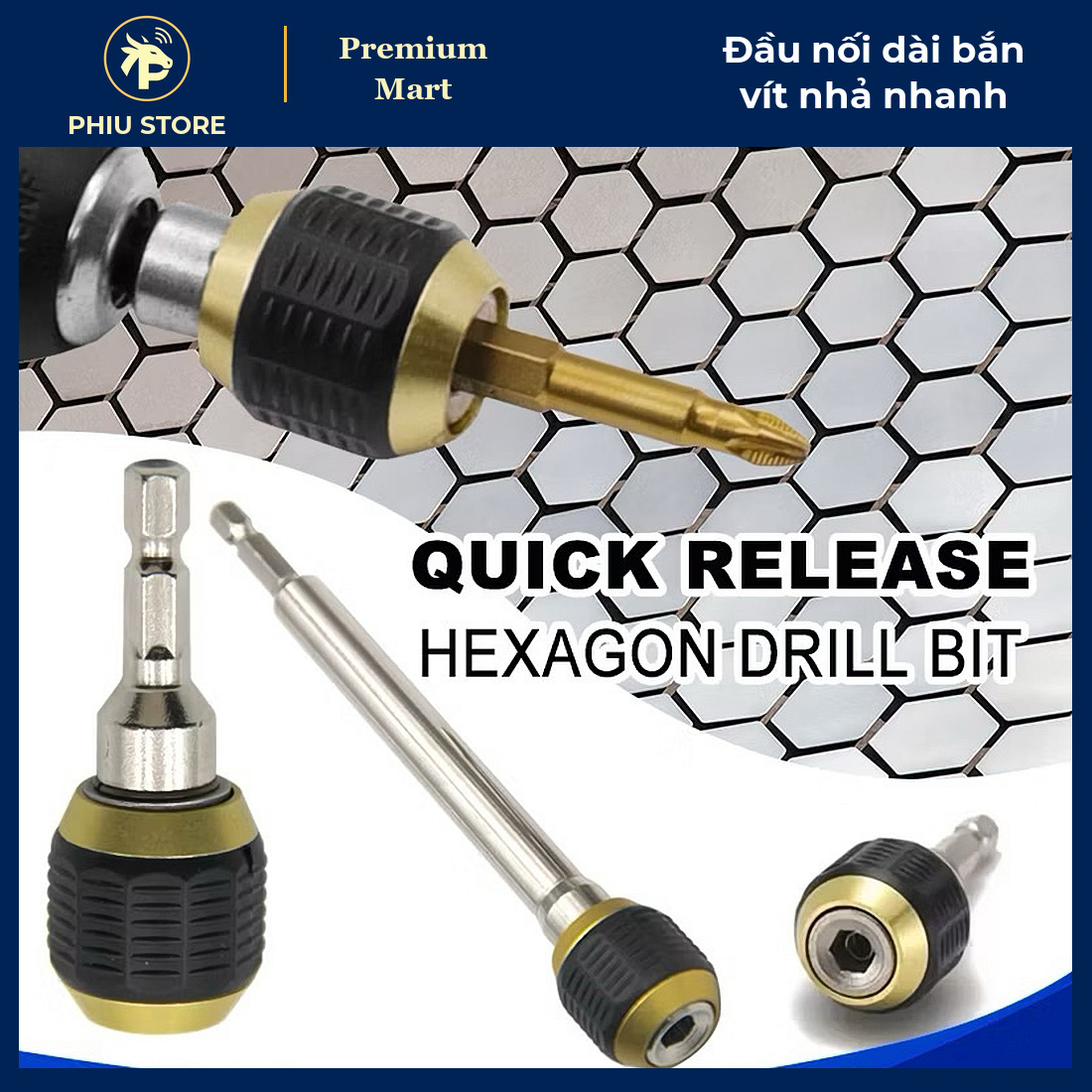 Đầu Nối Dài Bắn Vít Nhả Nhanh 60mm Chuôi Lục Giác 6.35mm / Đầu Chuyển Sang Khẩu 1/2 Inch - PHIU STORE