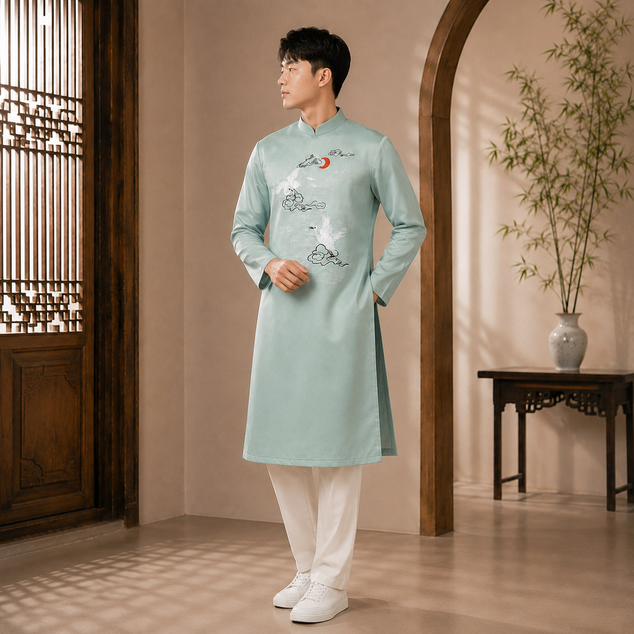Áo Dài Nam Cách Tân Taffeta Thêu Hạc Vân Sơn Thủy NA26-22_thumbnail_2