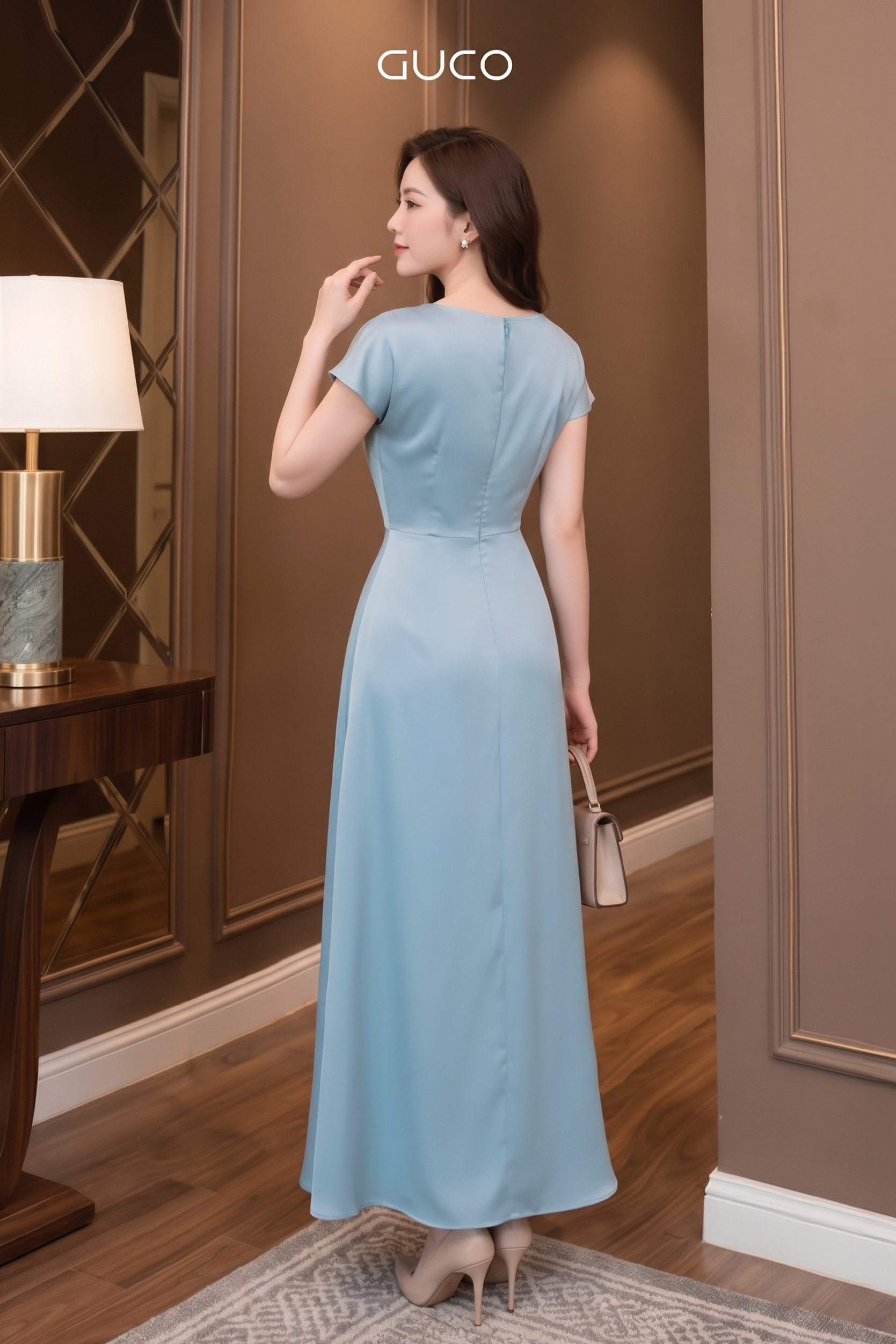Đầm Dài Xanh Cổ Thuyền Xếp Nhún Eo - 5254