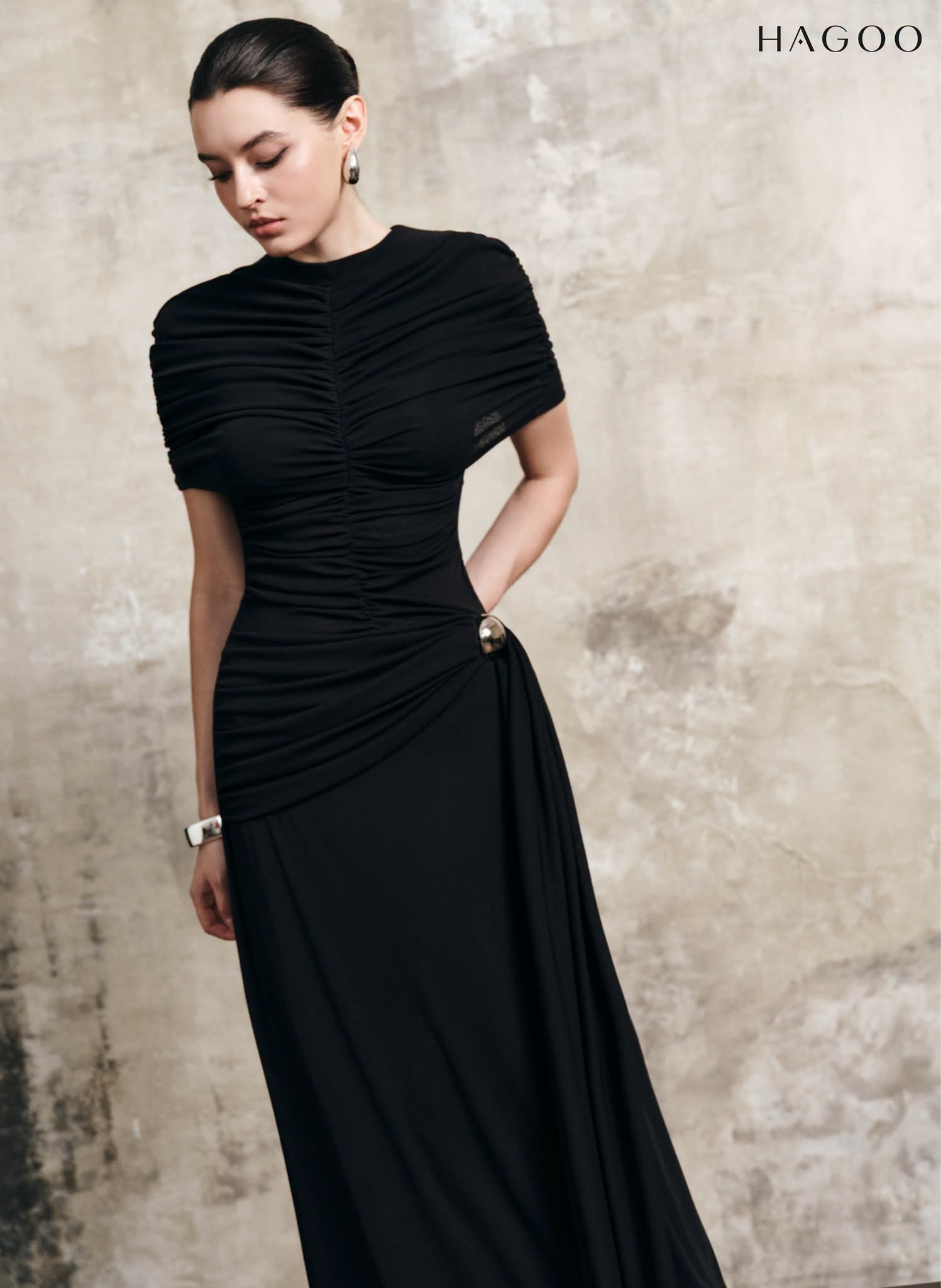 HAGOO ruched body, pleated skirt dress