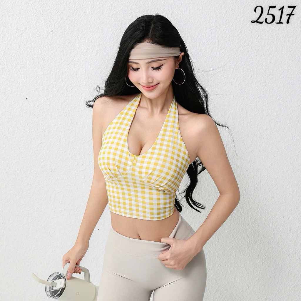 Áo Croptop Thể Thao Nữ Yếm Nhún Ngực Hoạ Tiết Caro Vải Thun Lạnh Thấm Hút Mồ Hôi_thumbnail_1